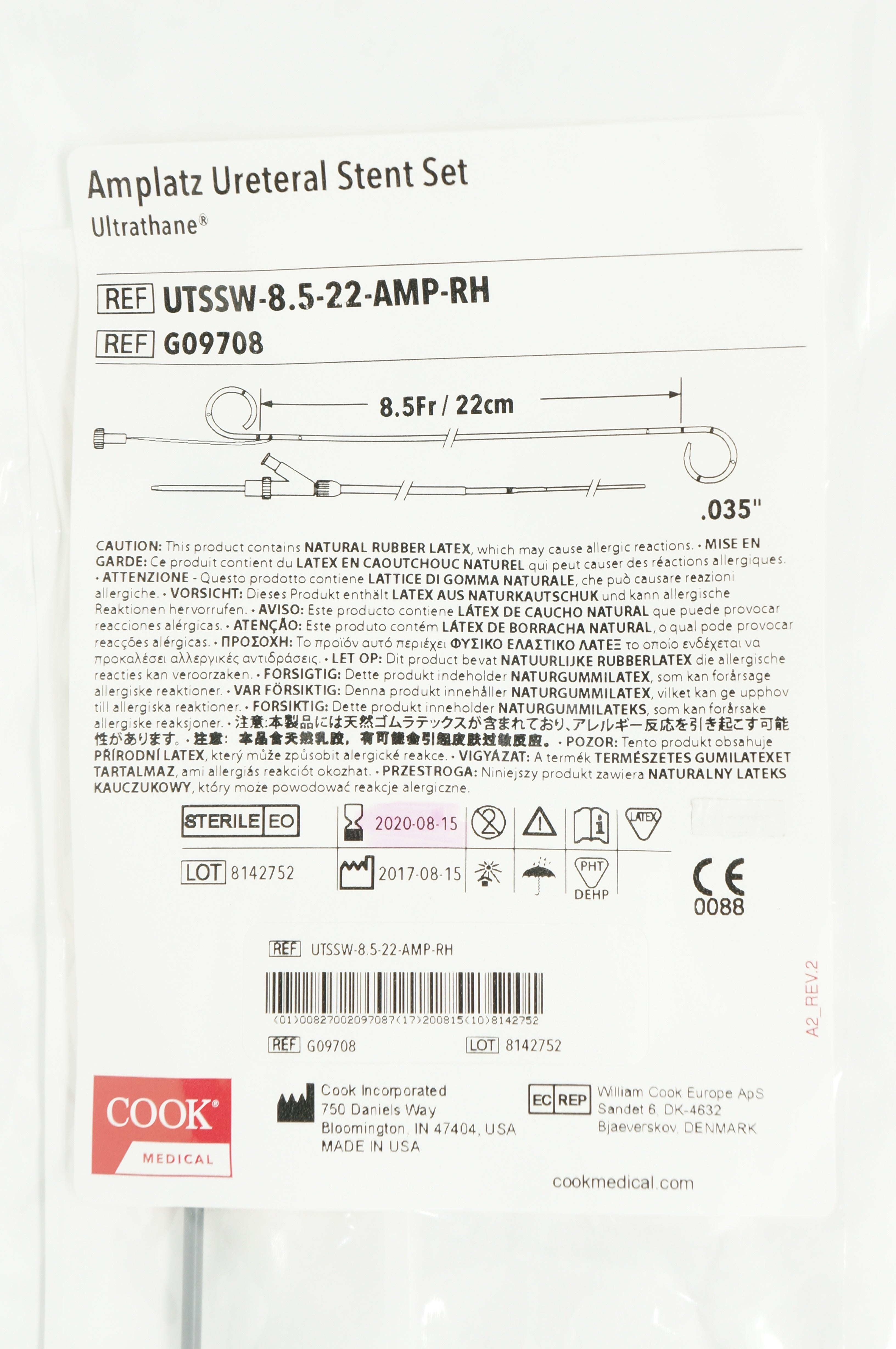 Cook Medical G09708  Amplatz Ureteral Stnt. Set, 8.5Fr x .035inch x 22cm (x)