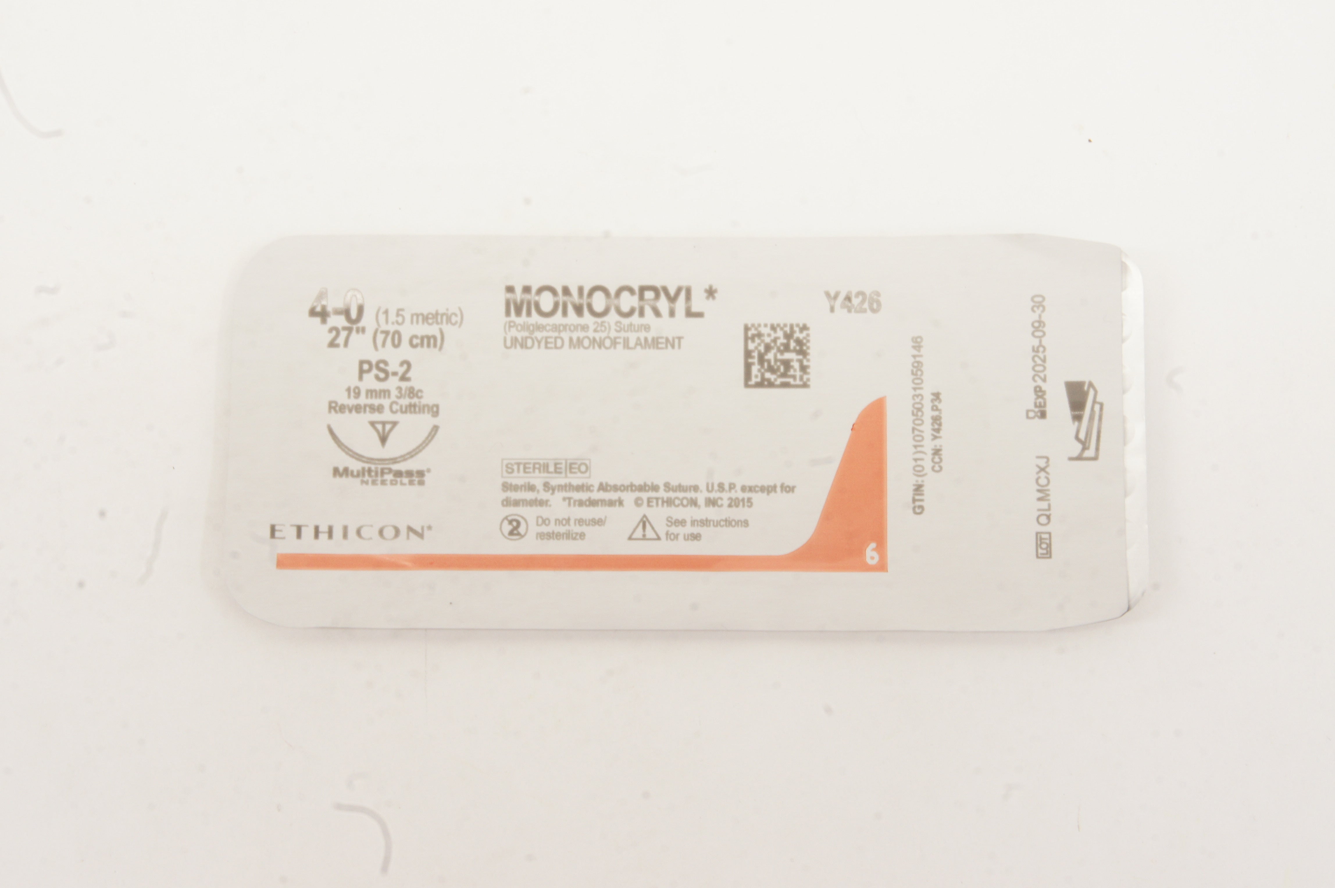 Ethicon Y426 4-0 MONOCRYL Undyed S-2 19mm 3/8c Reverse Cutting, 27inch