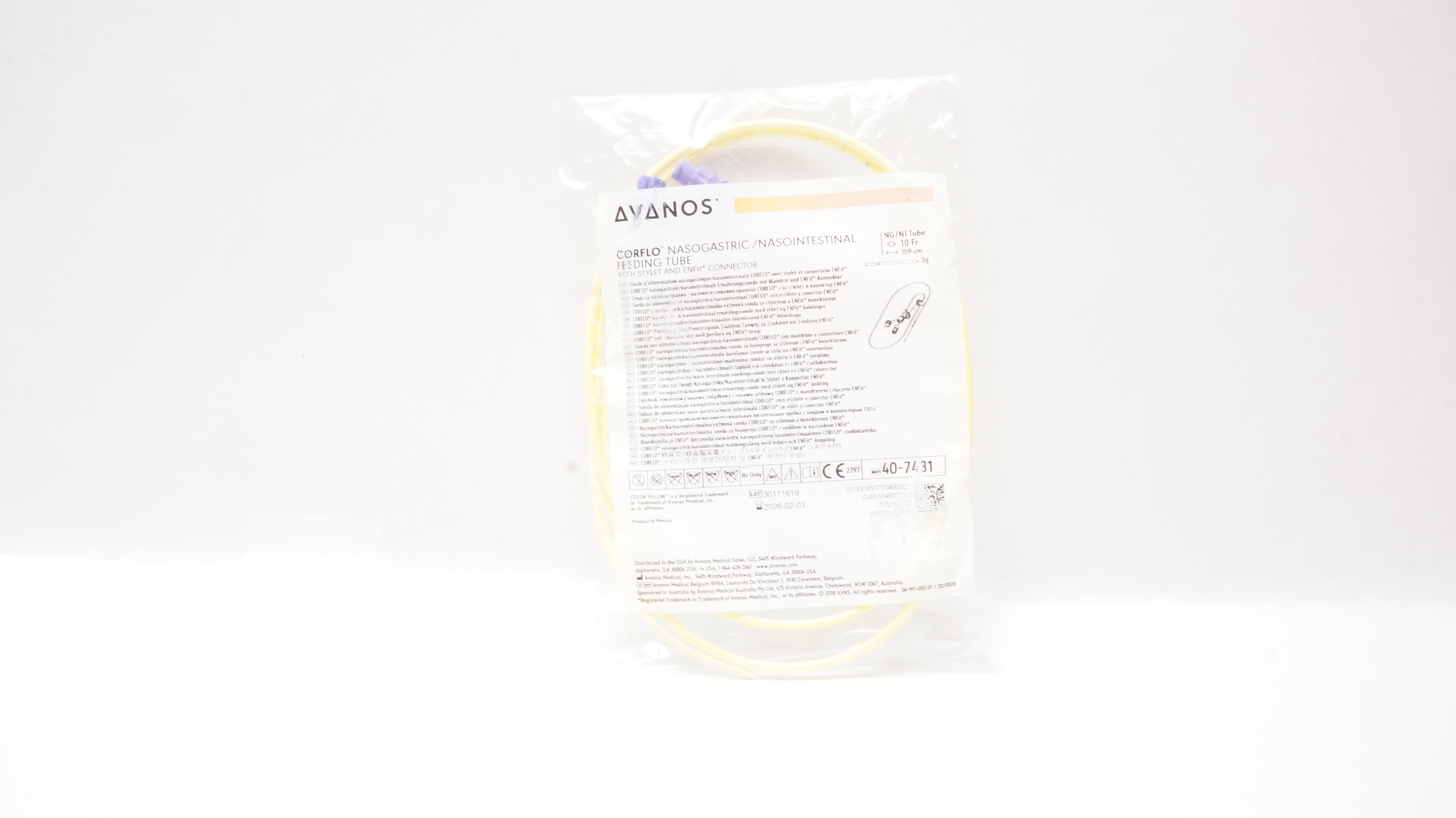 Avanos 40-7431 Corflo Nasogastric/Nasointestinal Feeding Tube 10Fr x 109cm