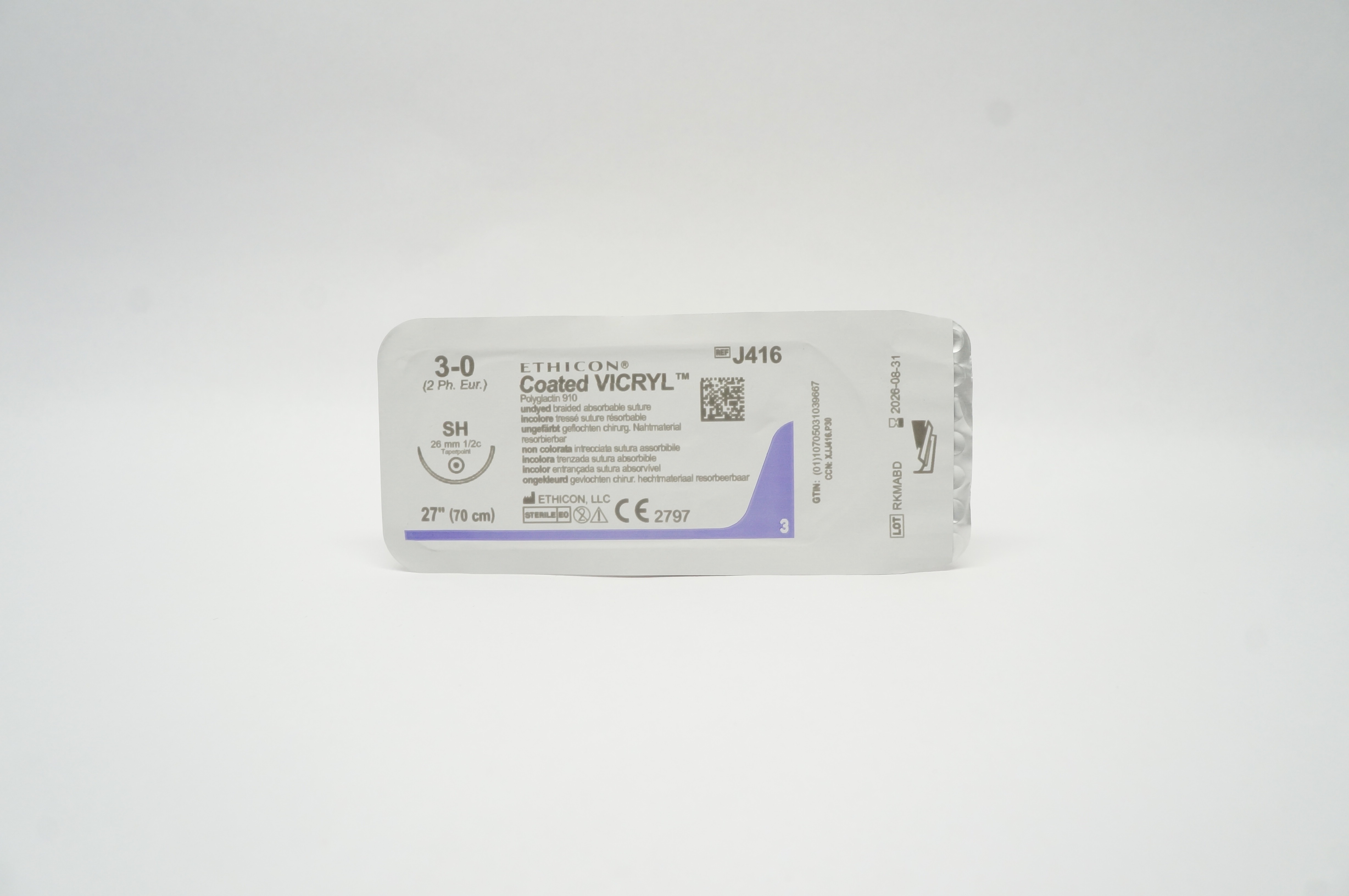 Ethicon J416 3-0 Coated VICRYL Polyglactin Stre SH 26mm 1/2c Taperpoint, 27inch