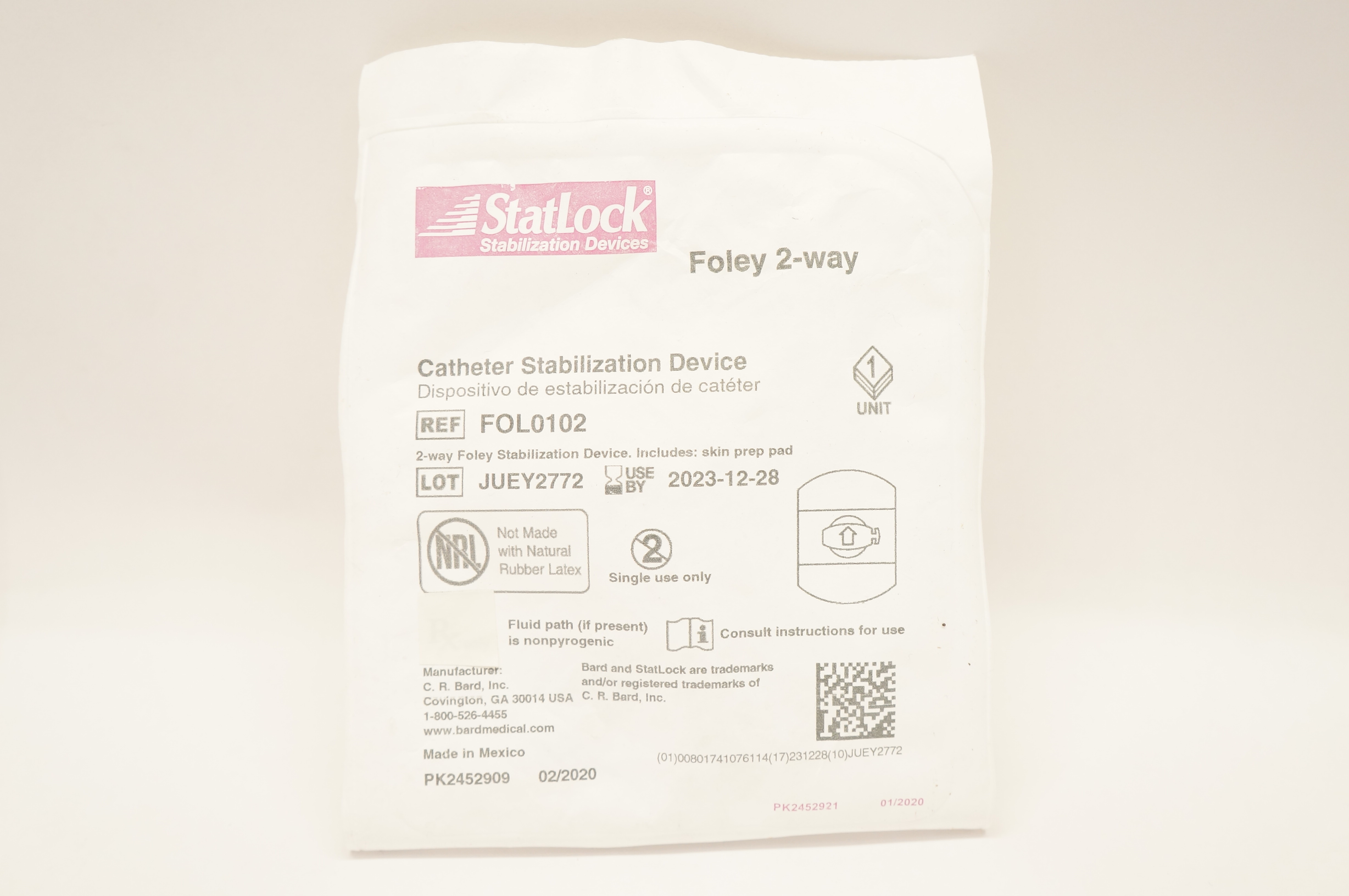 Bard FOL0102 Statlock Cath. Stabilization Device Foley 2-Way