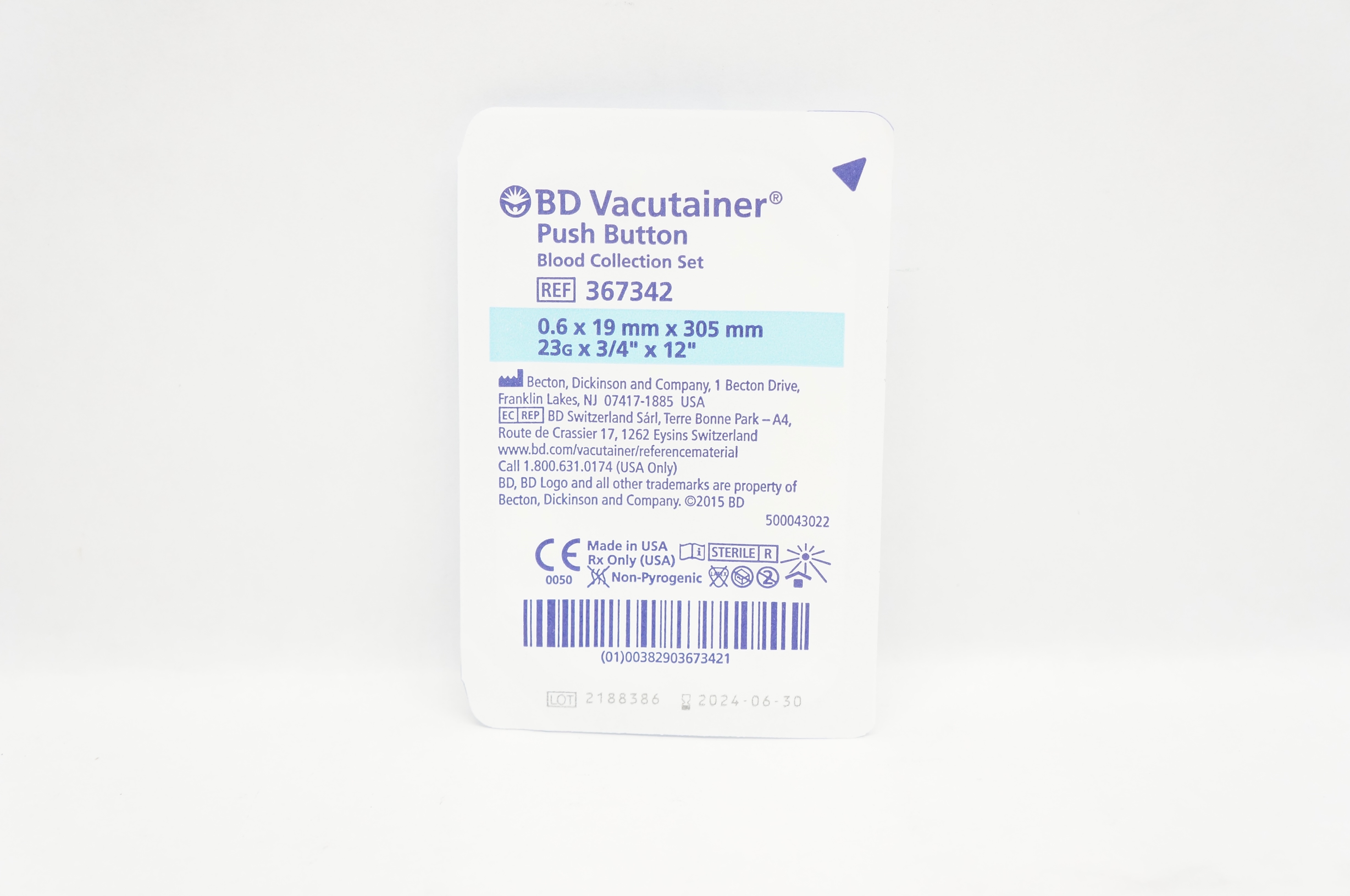 BD 367342 Vacutainer Push Button Blood Collection Set 23G x 3/4inch x 12inch