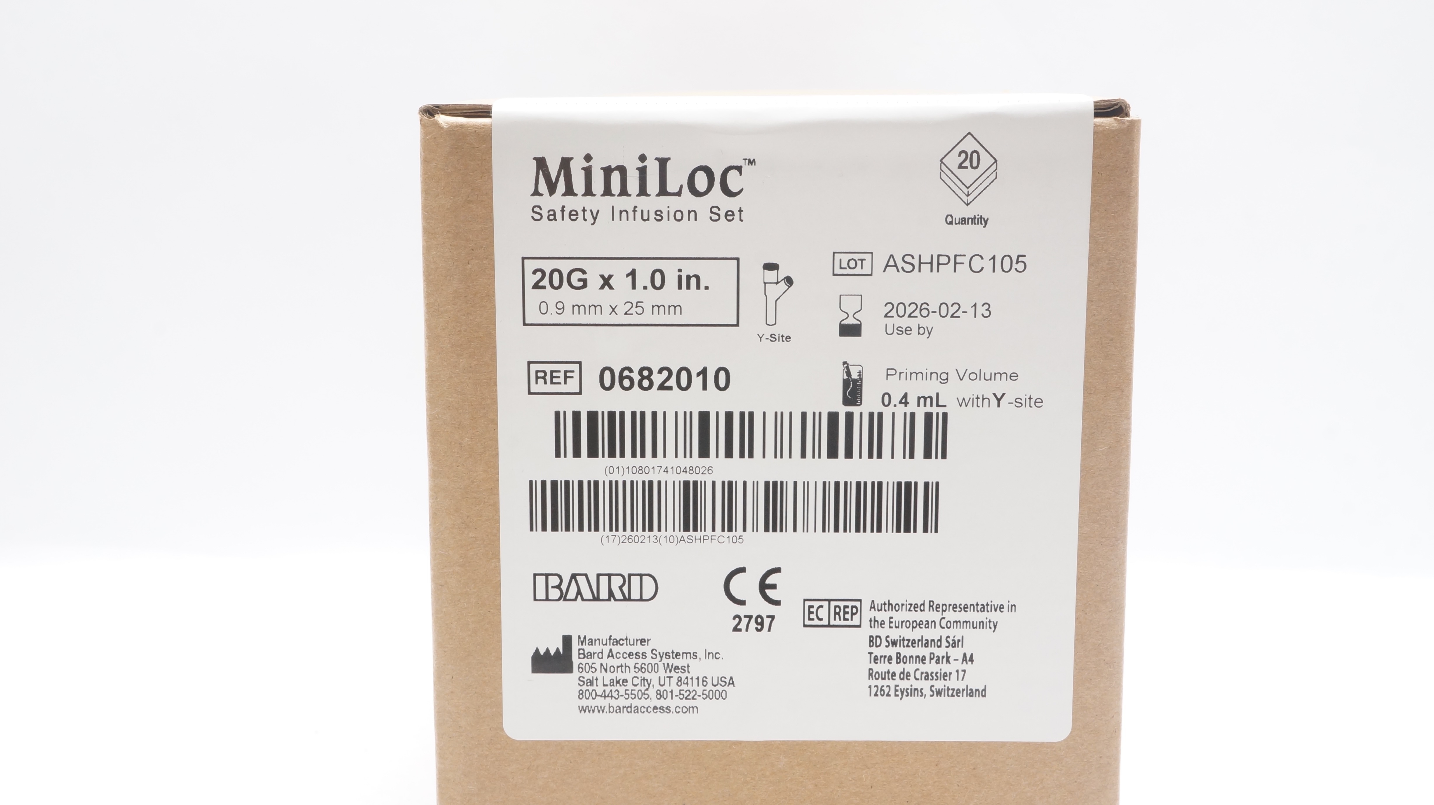 Bard 0682010 MiniLoc Safety Infusion Set 20G x 1.0 inch 0.4mL - Box of 20