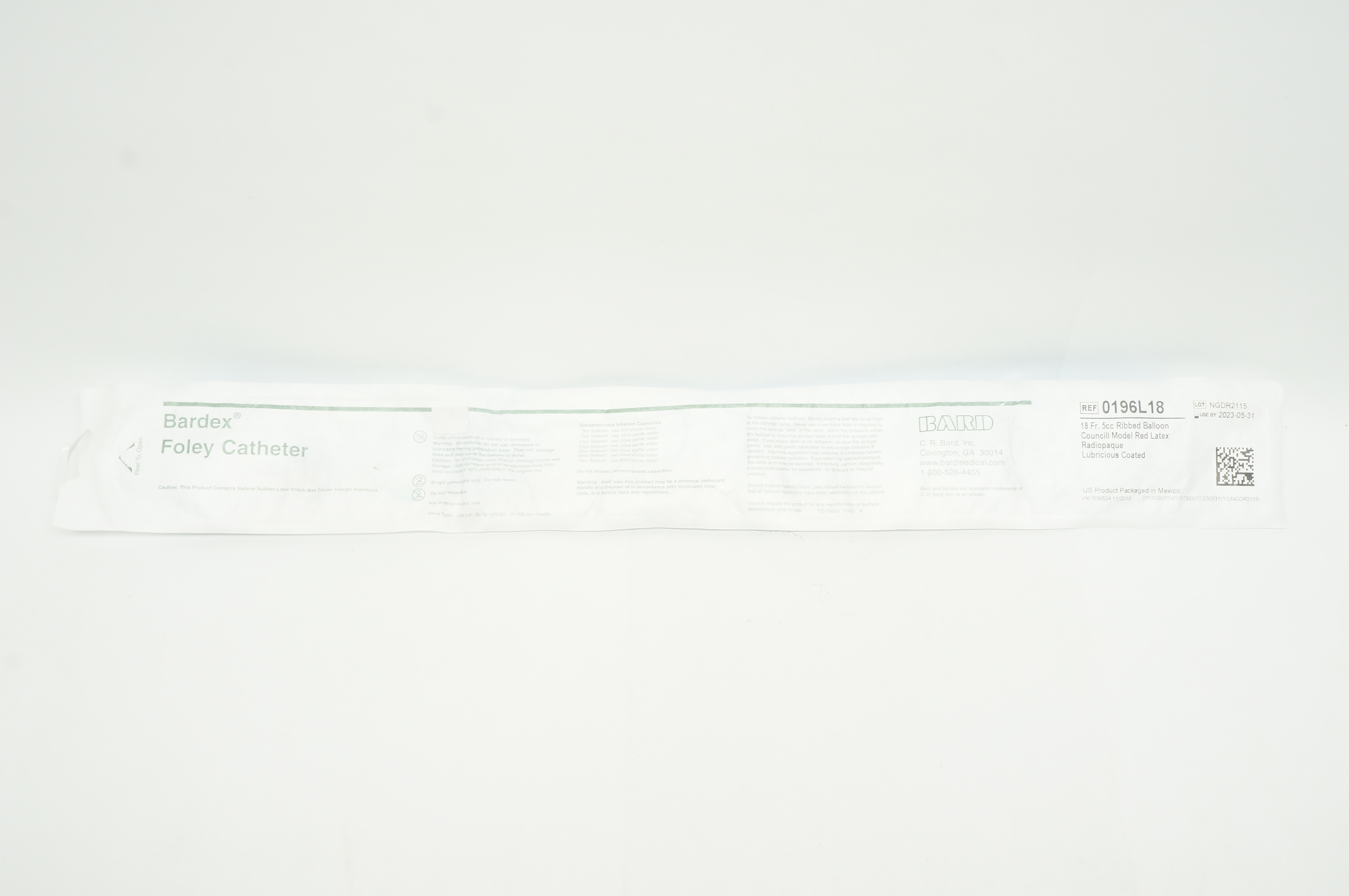 Bard 0196L18 Bardex Foley Cath. 18Fr 5cc Ribbed Balloon Councill Model (x)