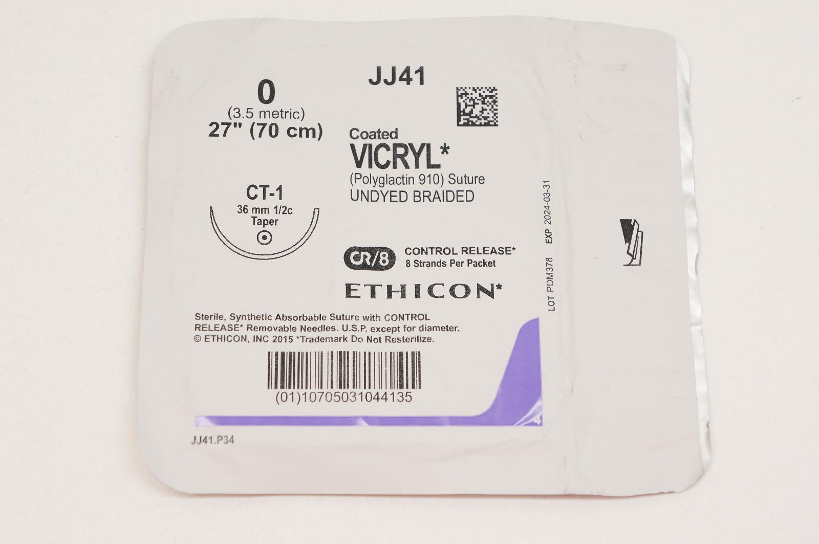 Ethicon JJ41 0 VICRYL, CT-1, 36mm 1/2c Taper, 27inch