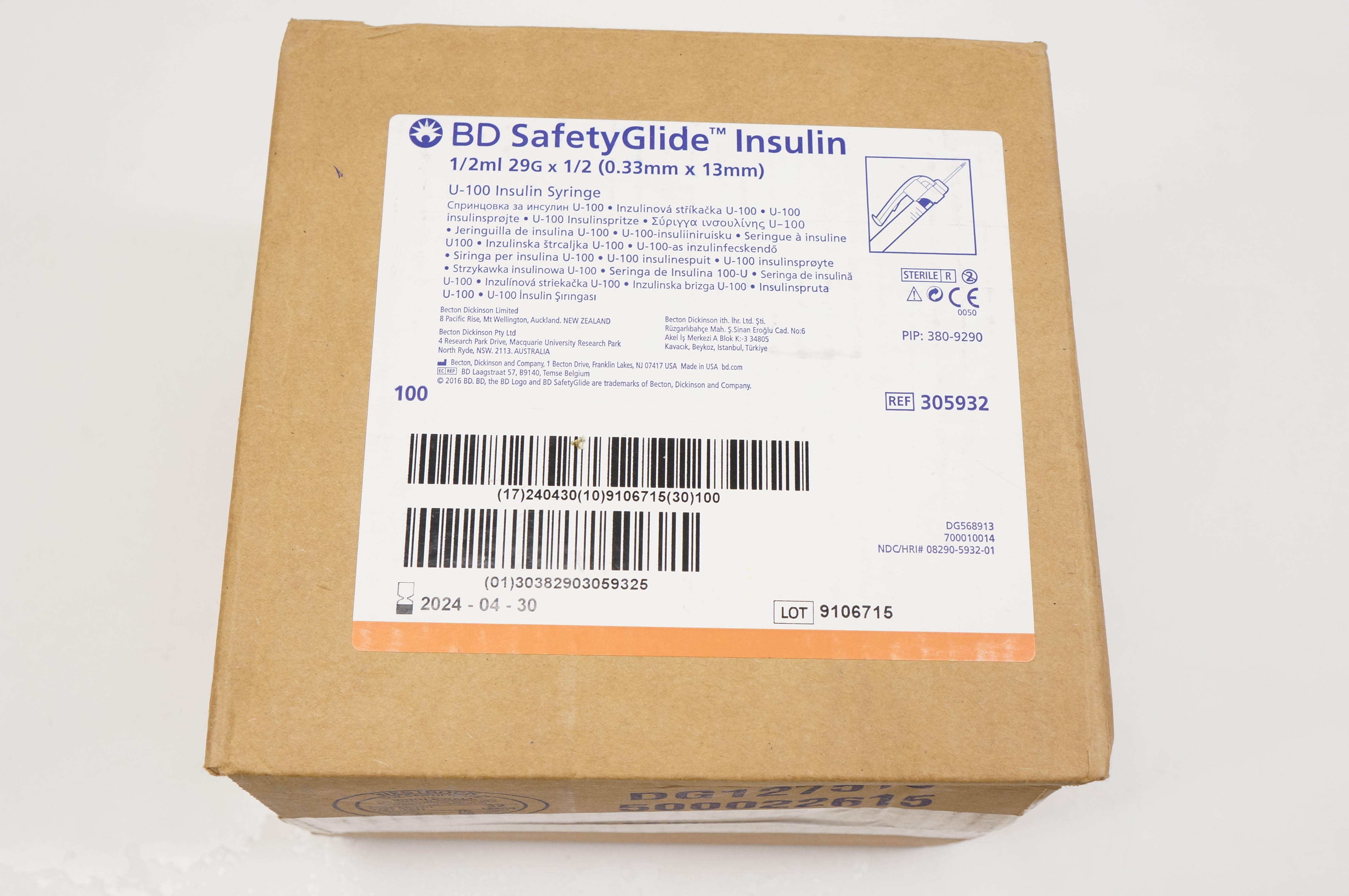 BD 305932 Safety Glide 1/2ml, 29G x 1/2 - Box of 100