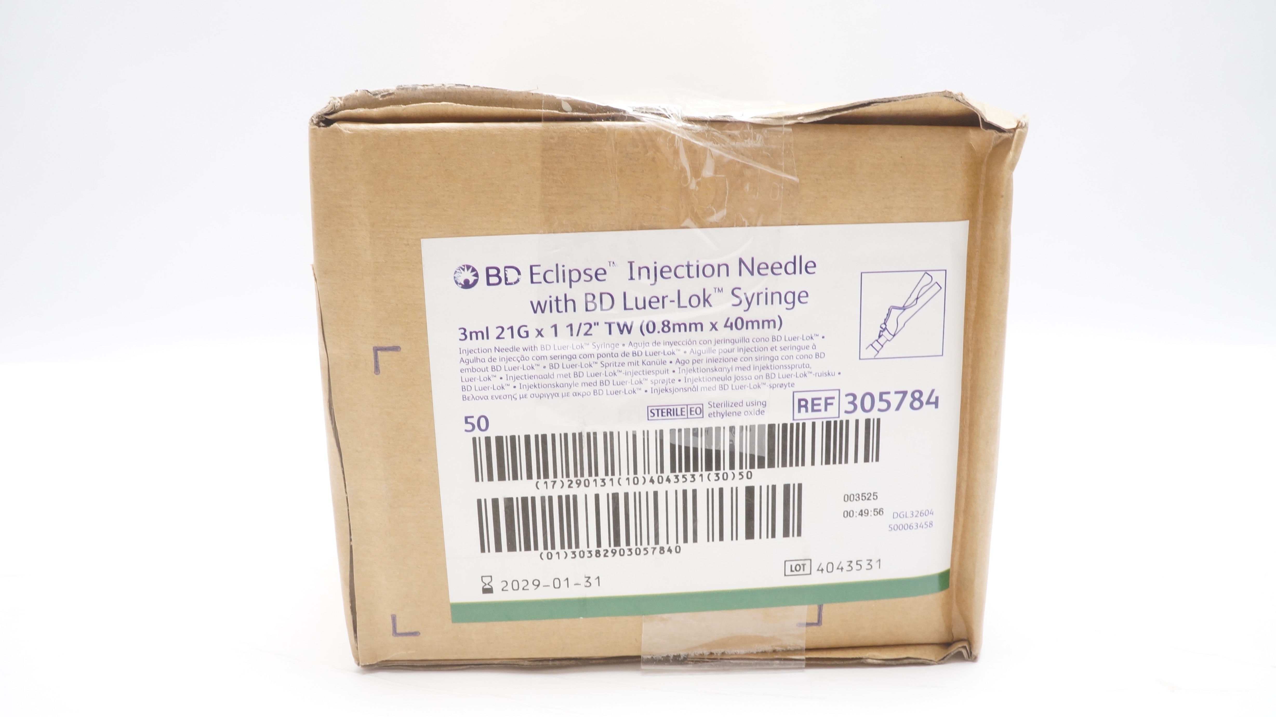BD 305784 Eclipse Injection Ndle. w/Luer-Lok Syringe 3mL 21G x 1-1/2in-Box of 50