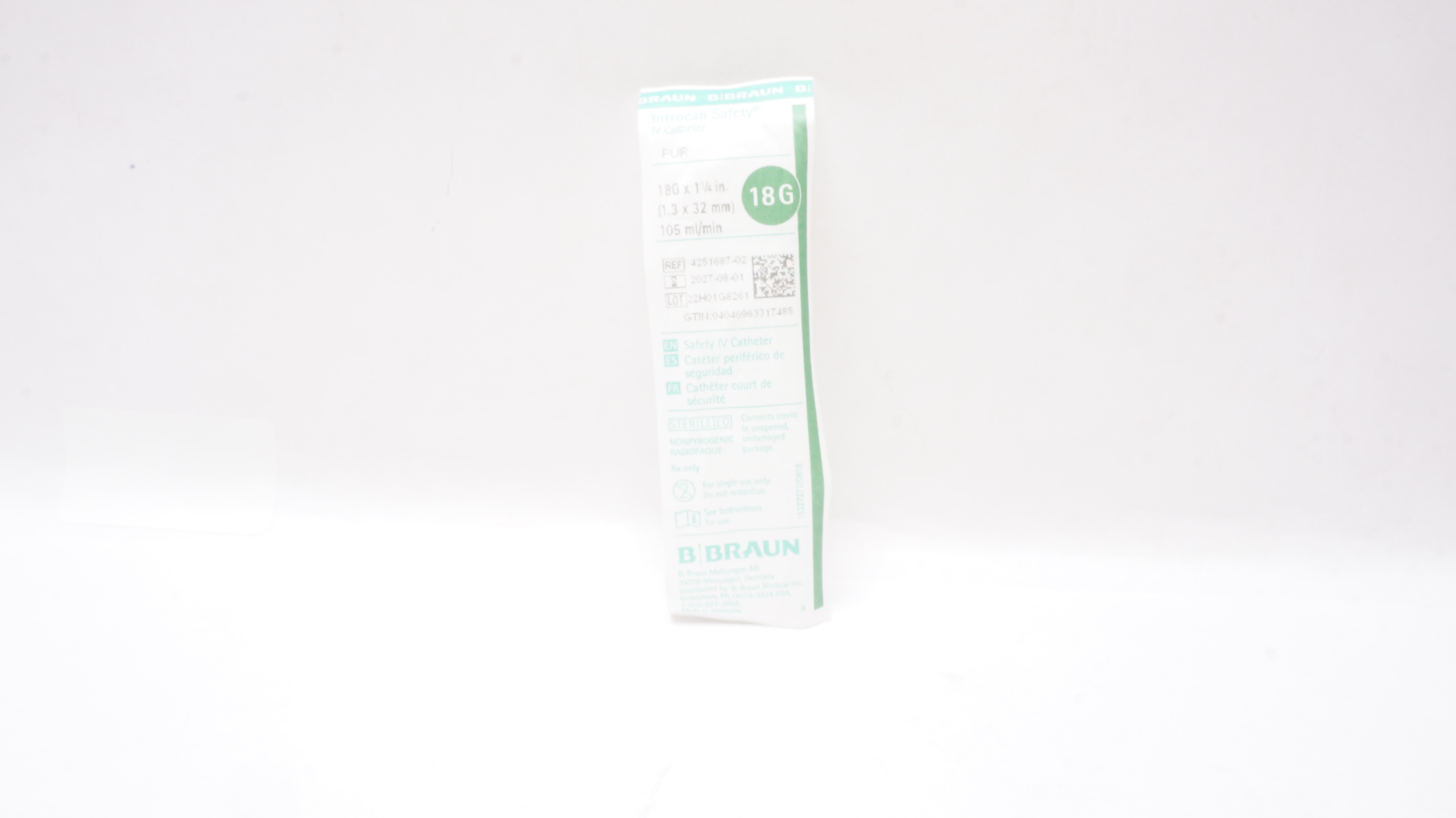 Braun 4251687-02 Introcan Safety IV Cath. PUR 18G x 1-1/4 inch
