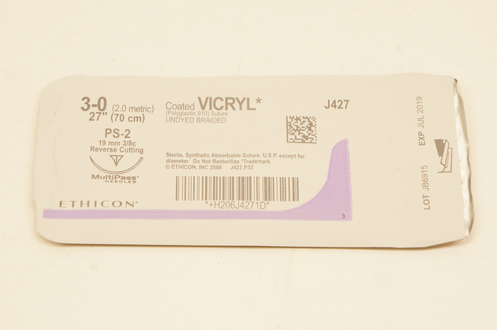 Ethicon J427 3-0 VICRYL, PS-2, 19mm 3/8c Reverse Cutting, 27inch (x)