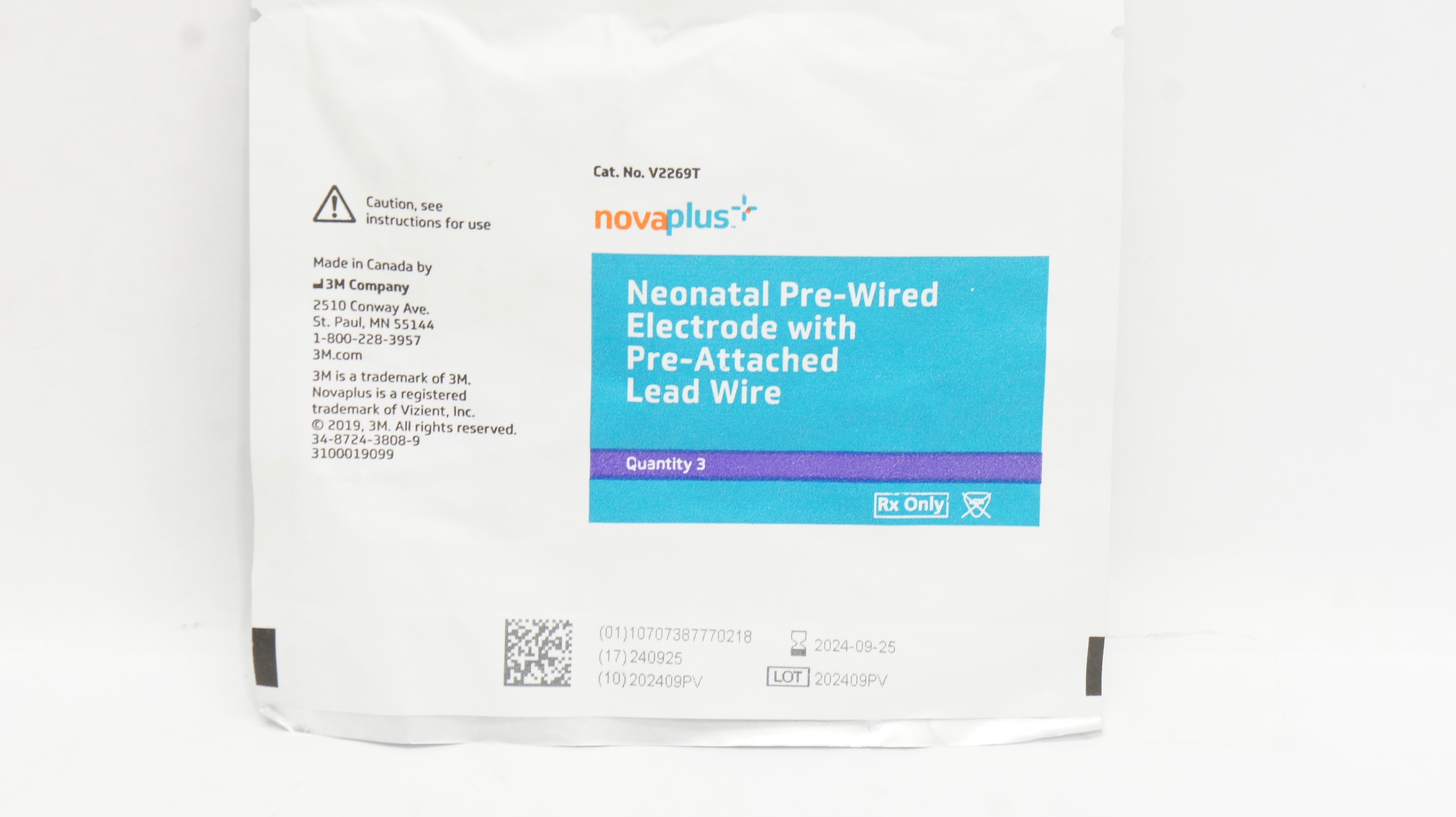 3M V2269T Novaplus Neonatal Pre-Wired Electrode w/Lead Wire - Pack of 3
