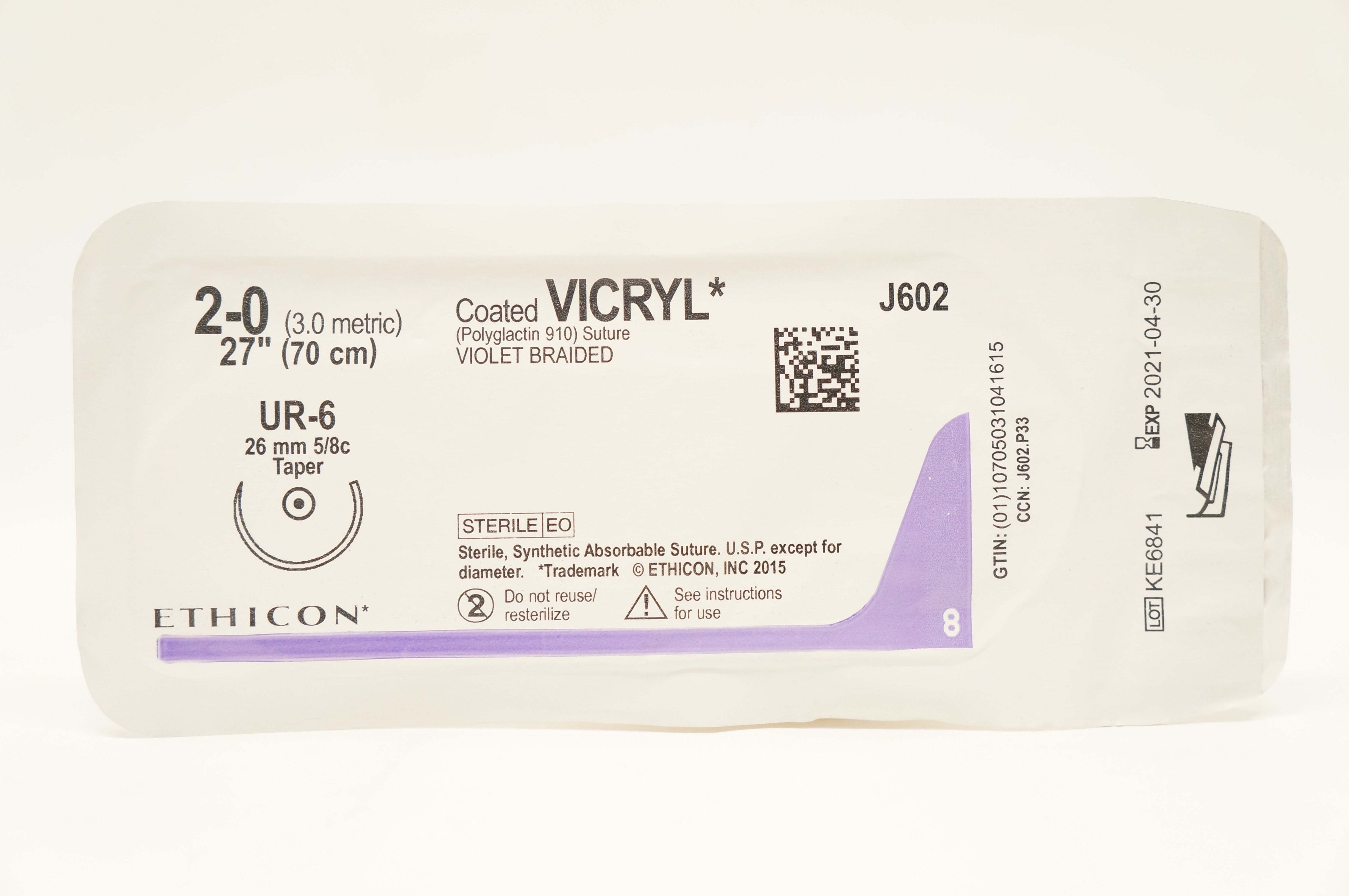 Ethicon J602 2-0 Coated VICRYL Polyglactin 910 Stre UR-6 26mm 5/8c Taper 27in(x)