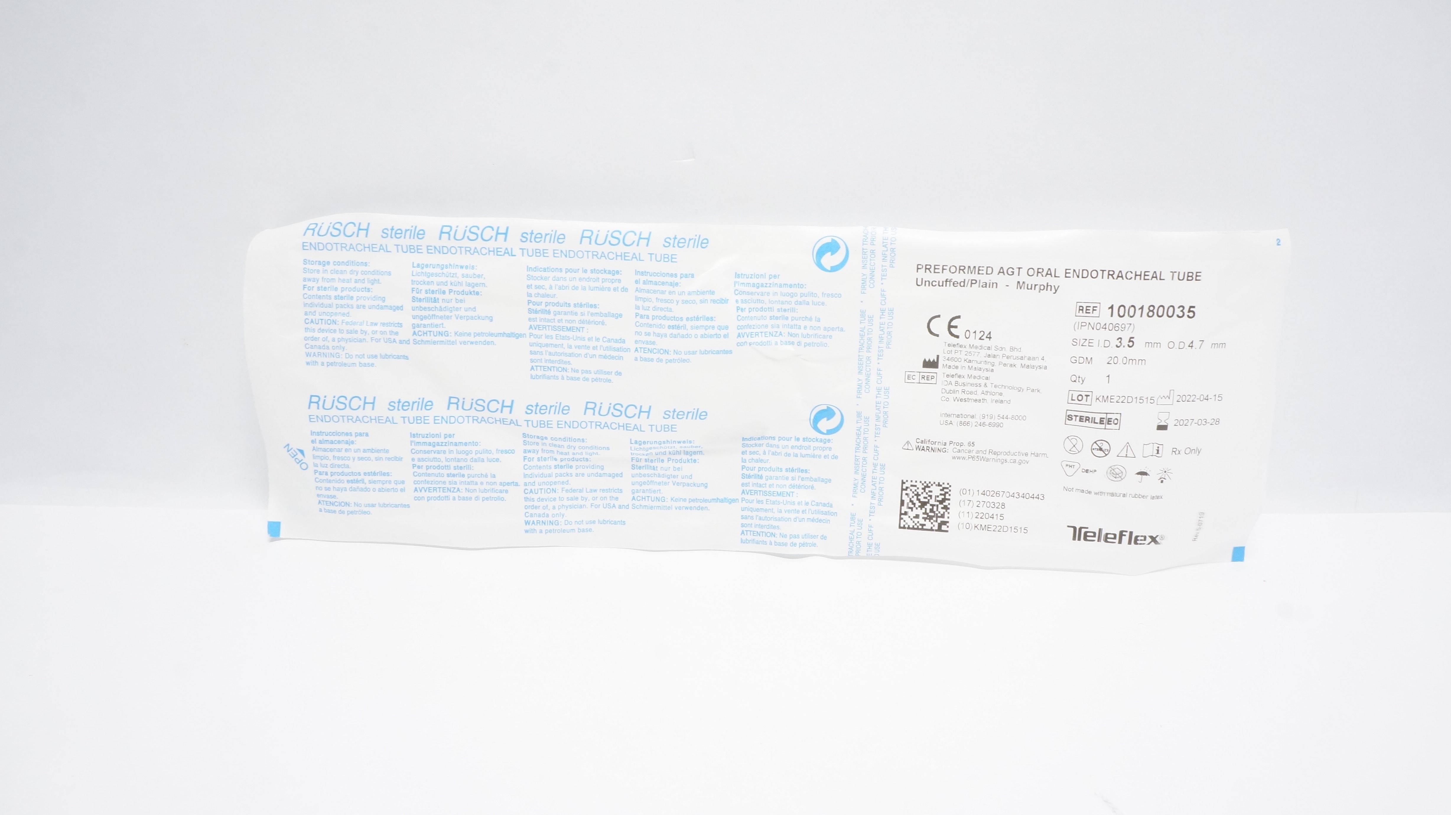 Teleflex 100180035 Rusch Preformed AGT Oral Endotracheal Tube 3.5mm