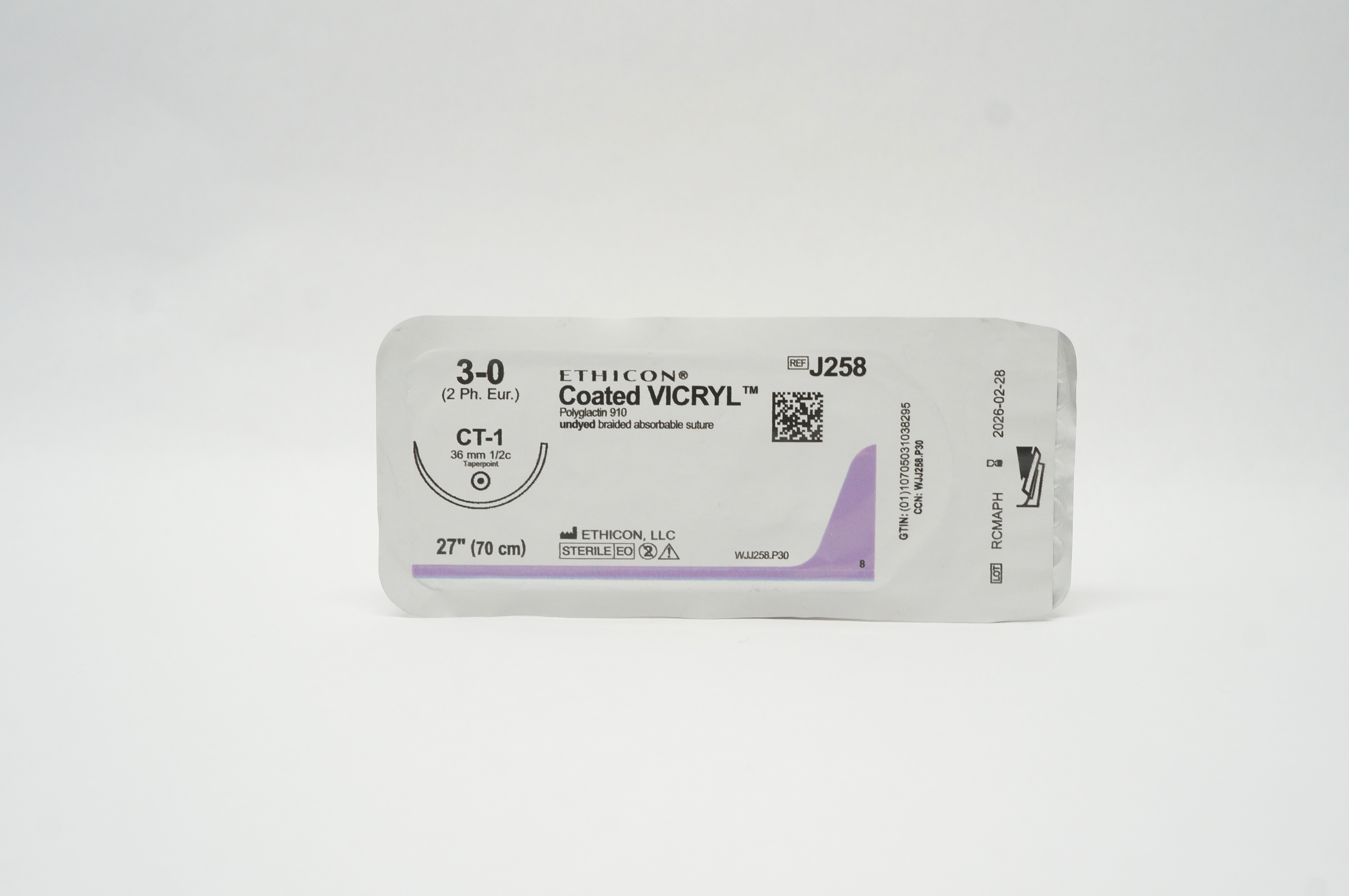 Ethicon J258 3-0 Coated VICRYL Stre CT-1 36mm 1/2c Taperpoint, 27inch