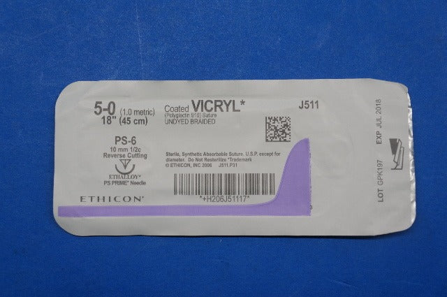 Ethicon J511 5-0 VICRYL, PS-6 10mm 1/2c Reverse Cutting, Undyed Braided, 18