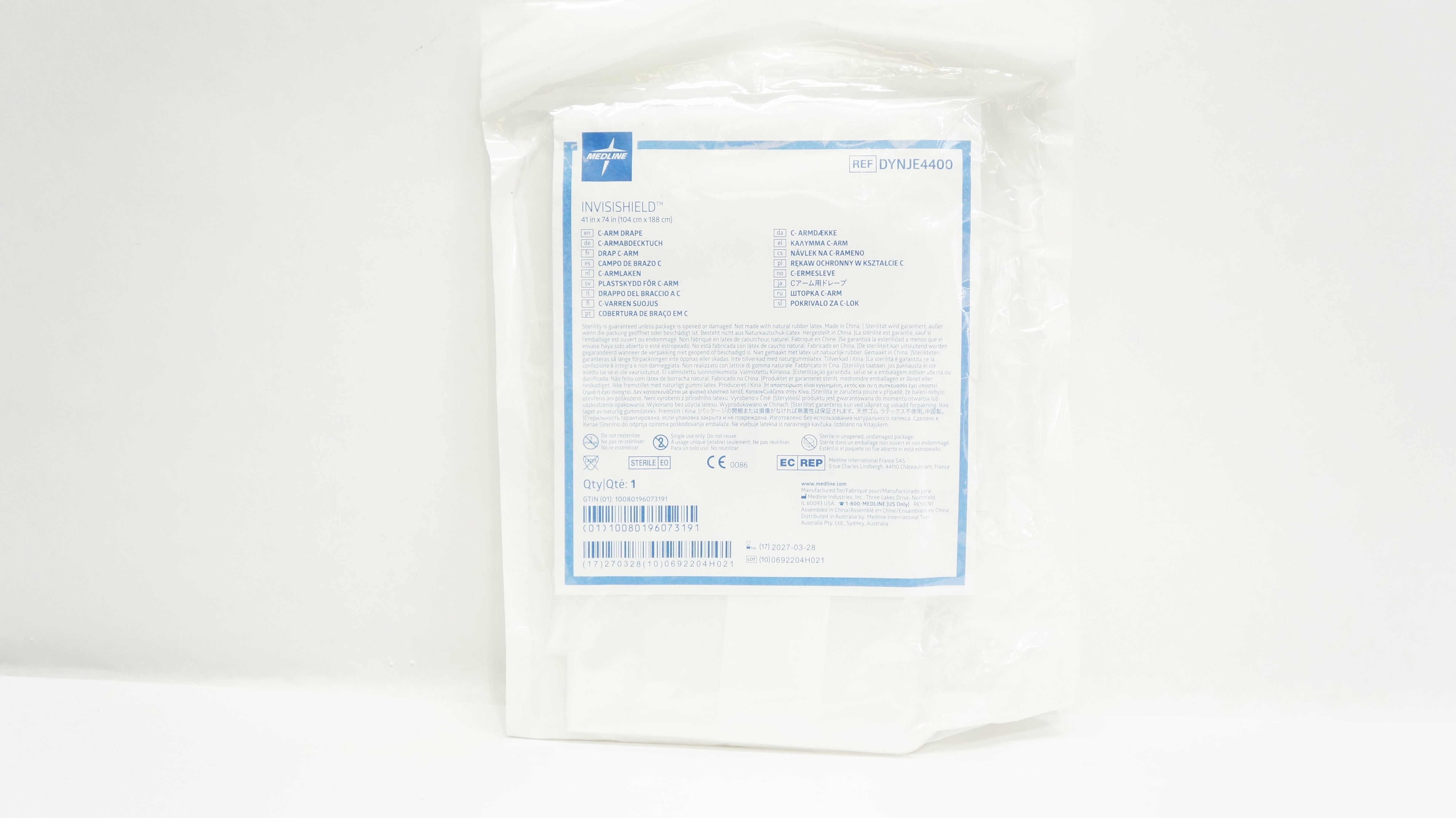 Medline DYNJE4400R Invisishield C-Arm Drape with Rubberbands 41inch x 74inch