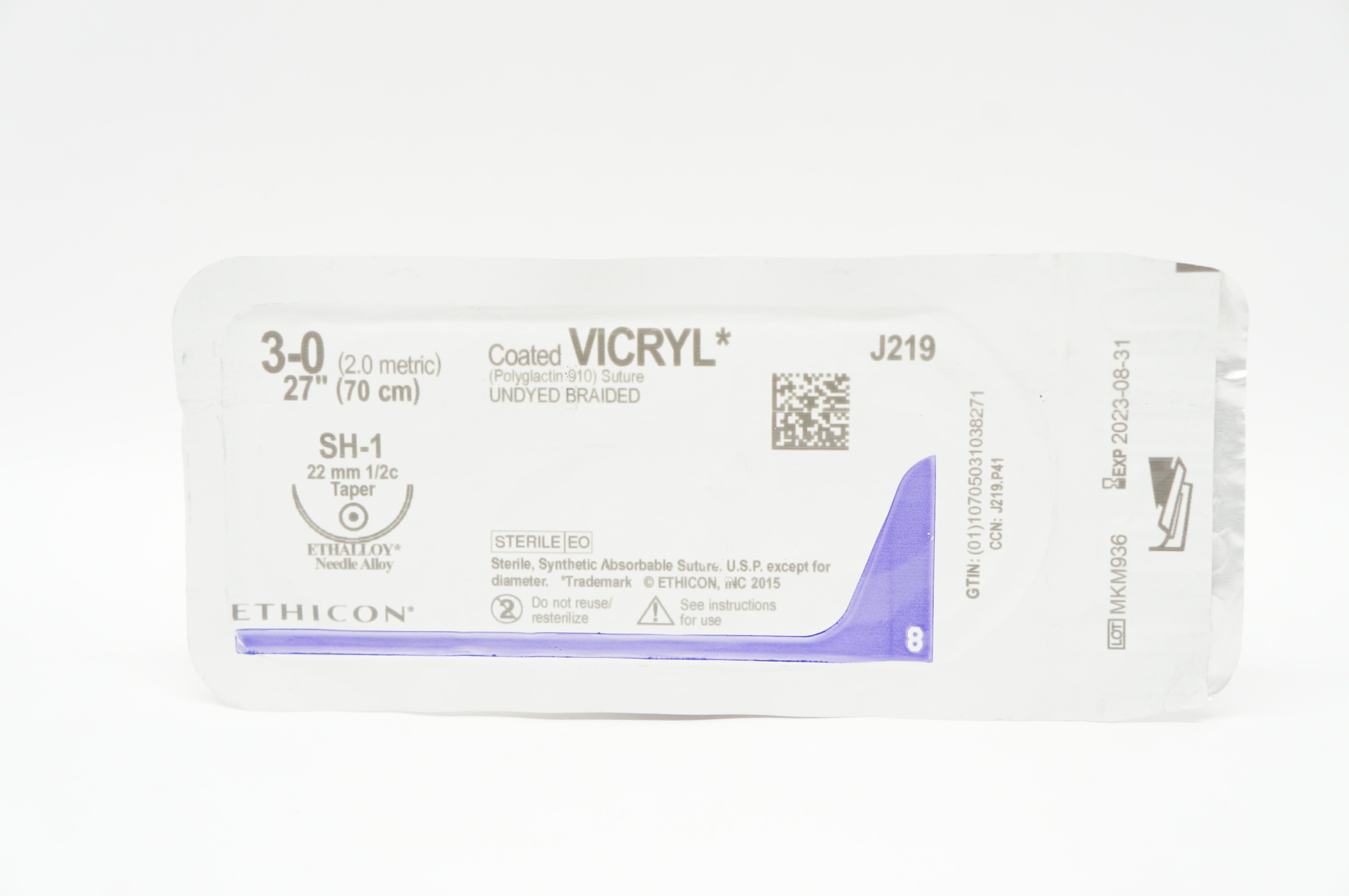 Ethicon J219 3-0 Coated Vicryl SH-1, 22mm 1/2c Taper, 27inch