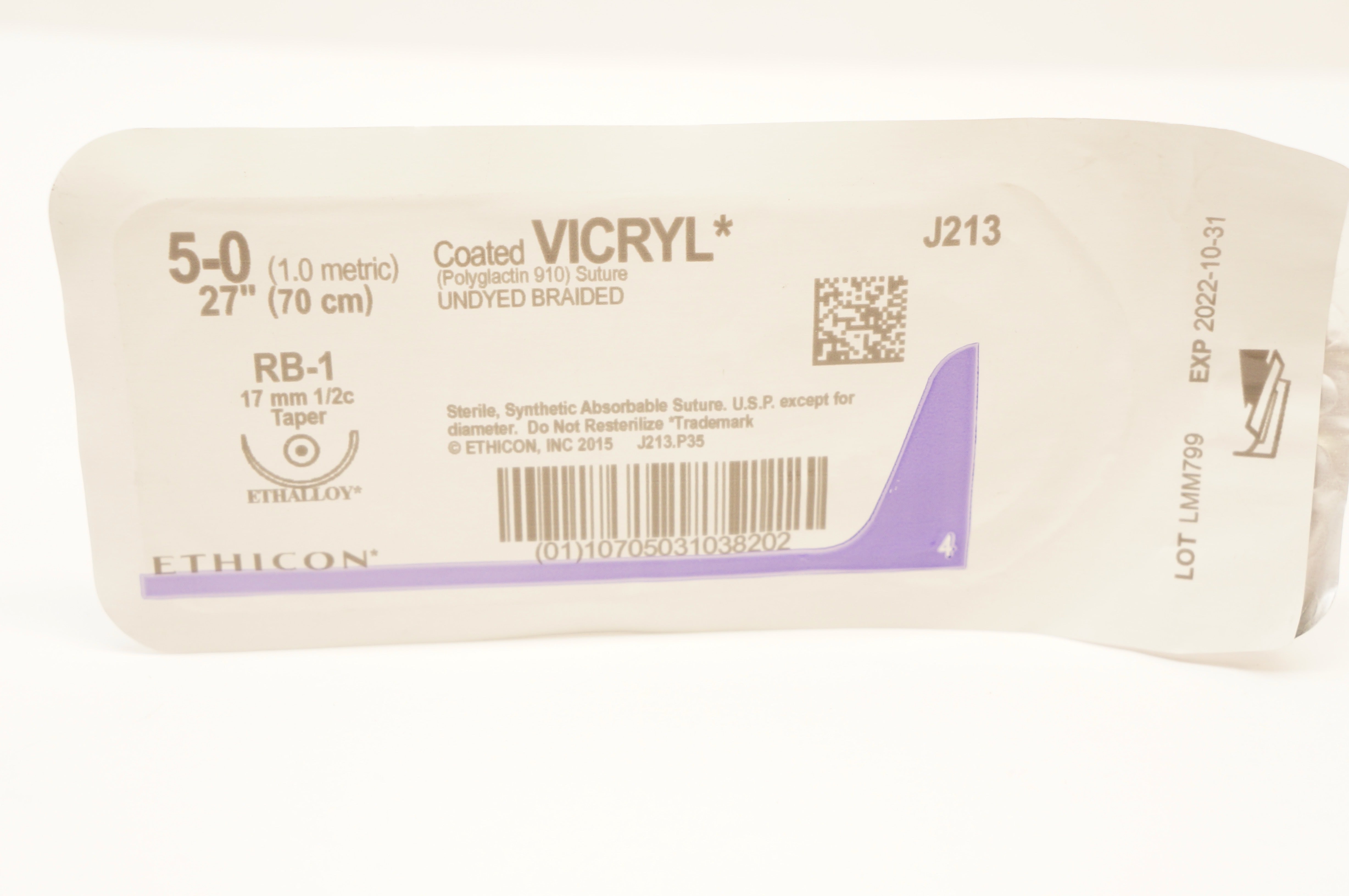 Ethicon J213 5-0 Coated VICRYL Polyglactin Stre RB-1 17mm 1/2c Taper, 27inch (x)
