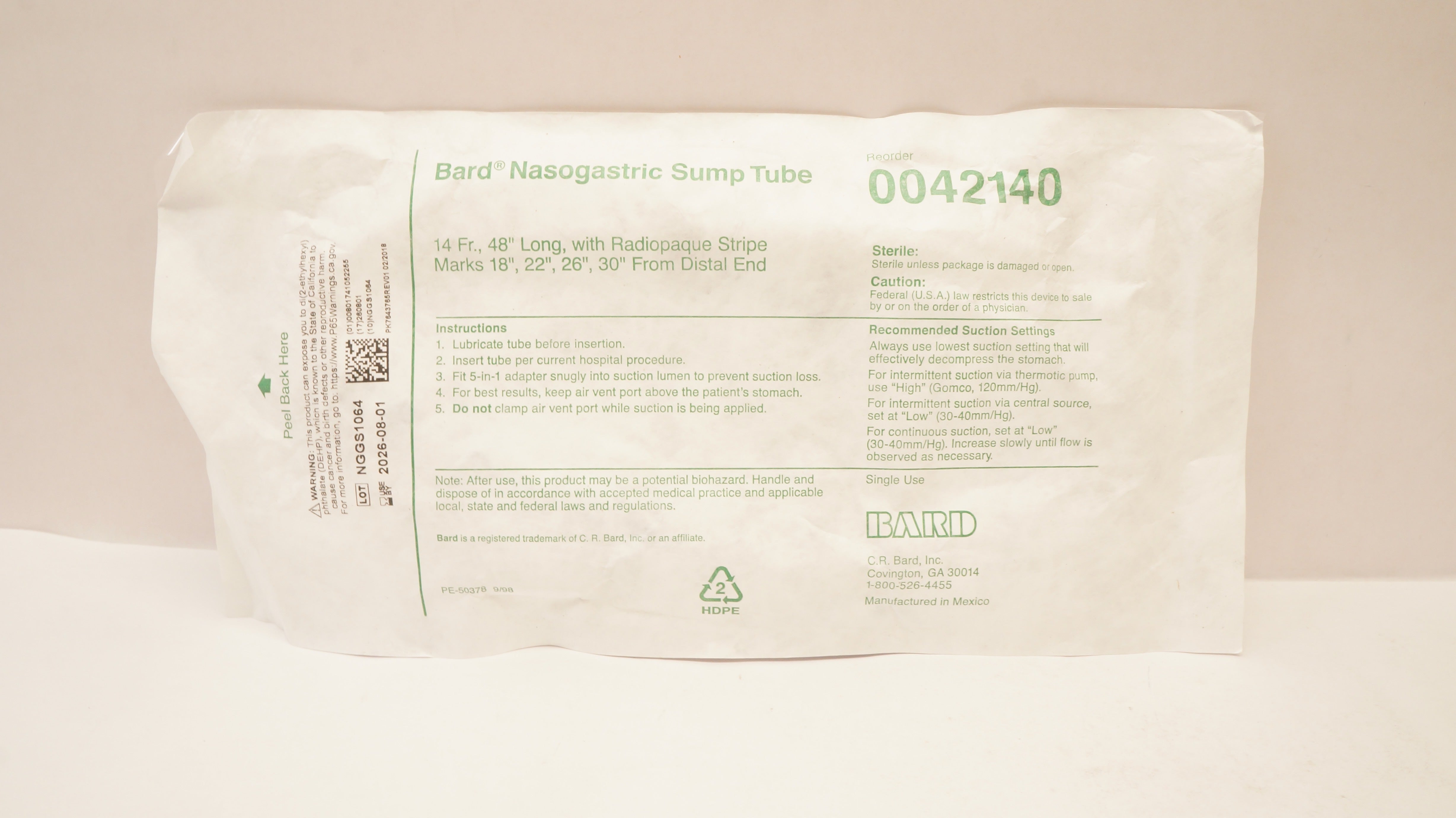 Bard 0042140 Nasogastric Sump Tube with Radiopaque Stripe Marks 14Fr x 48inch