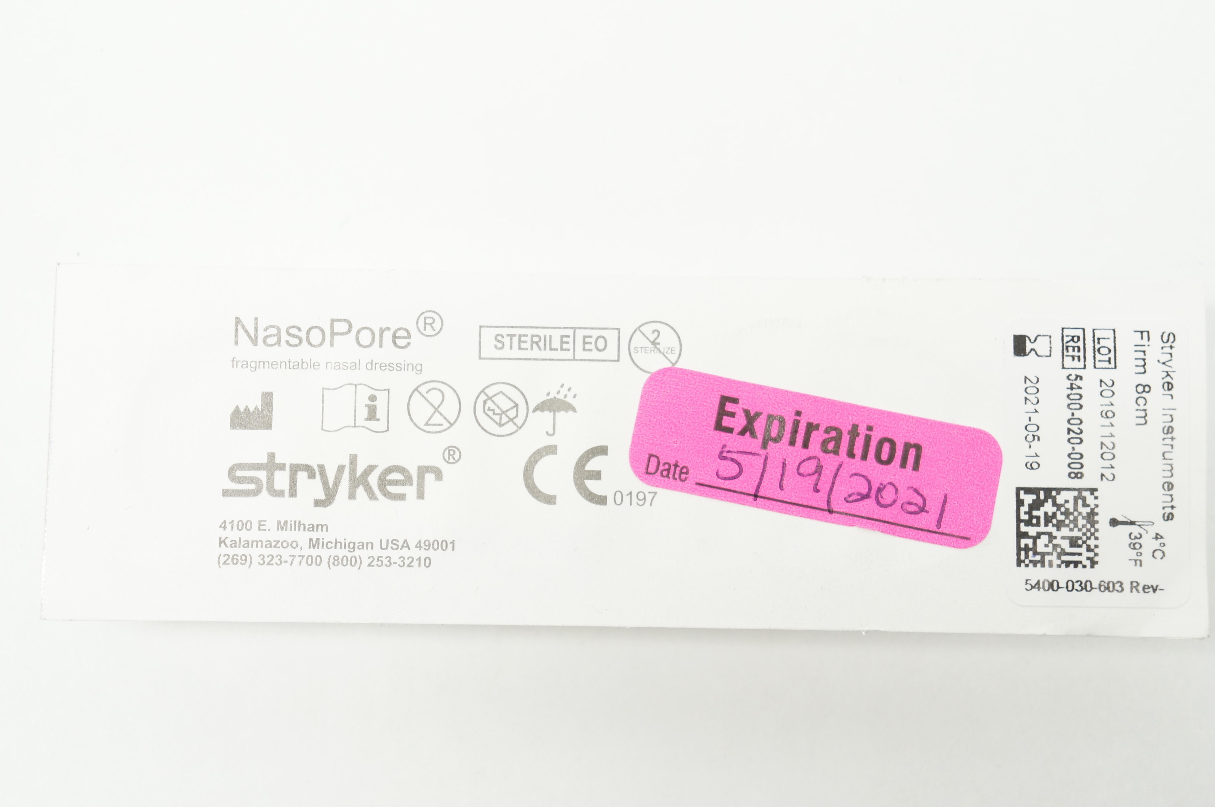 Stryker 5400-020-008 Nasopore Fragmentable Nasal Dressing Firm 8cm (x)