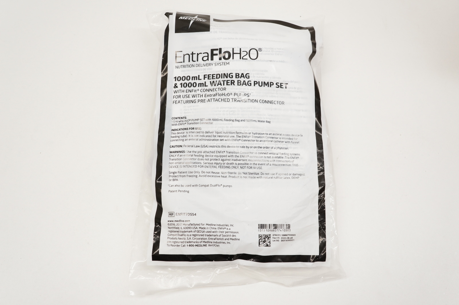 Medline ENFIT70554 EntraFloH2O Nutrition Delivery System, Feeding Bag 1000ml