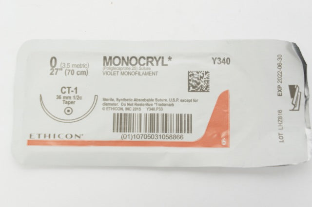 Ethicon Y340 0 MONOCRYL Violet Monofilament, CT-1, 1/2 36mm Taper. 27inch (x)