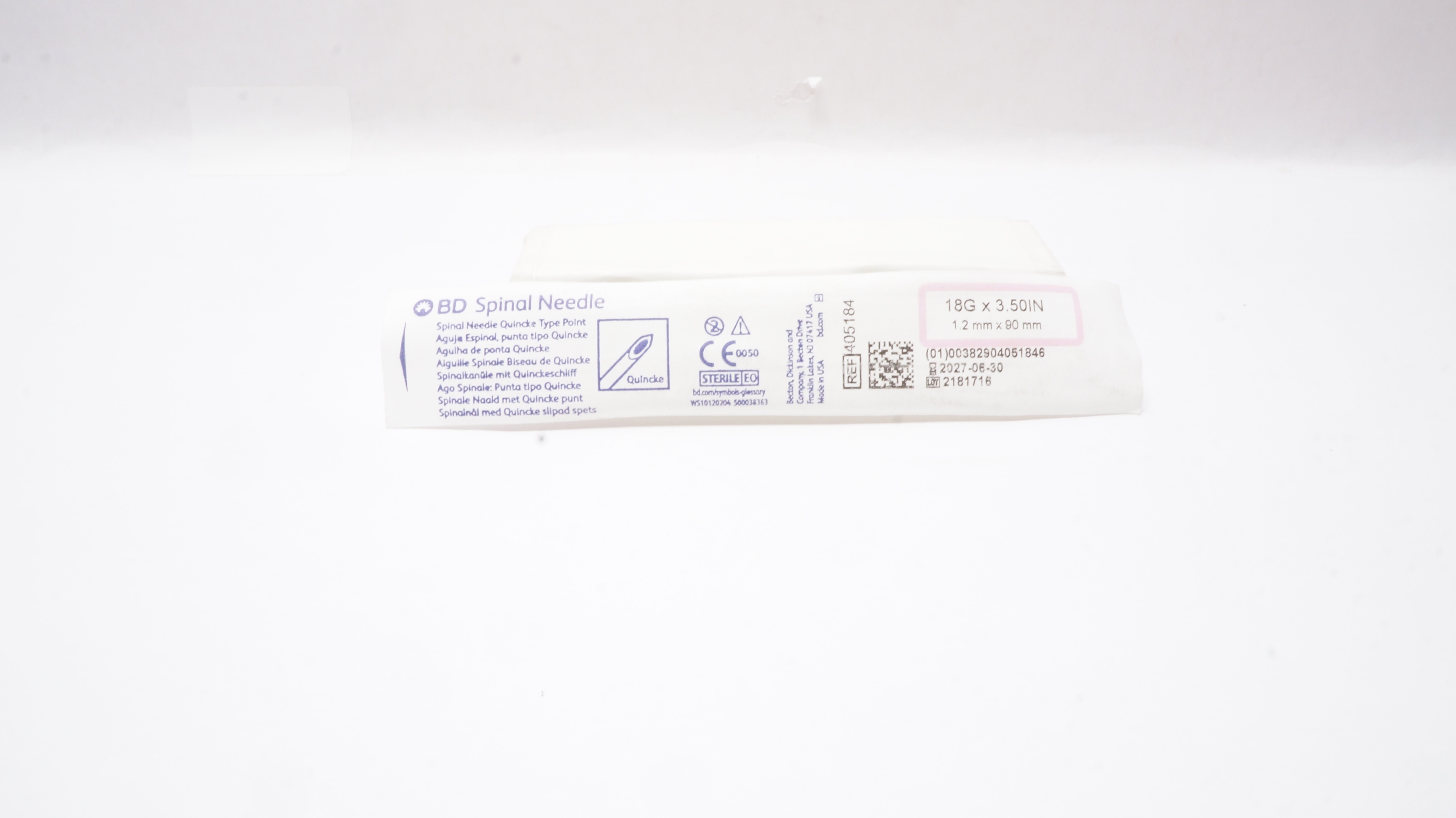 BD 405184 Spinal Ndle Quincke Type Point 18G x 3.5inch