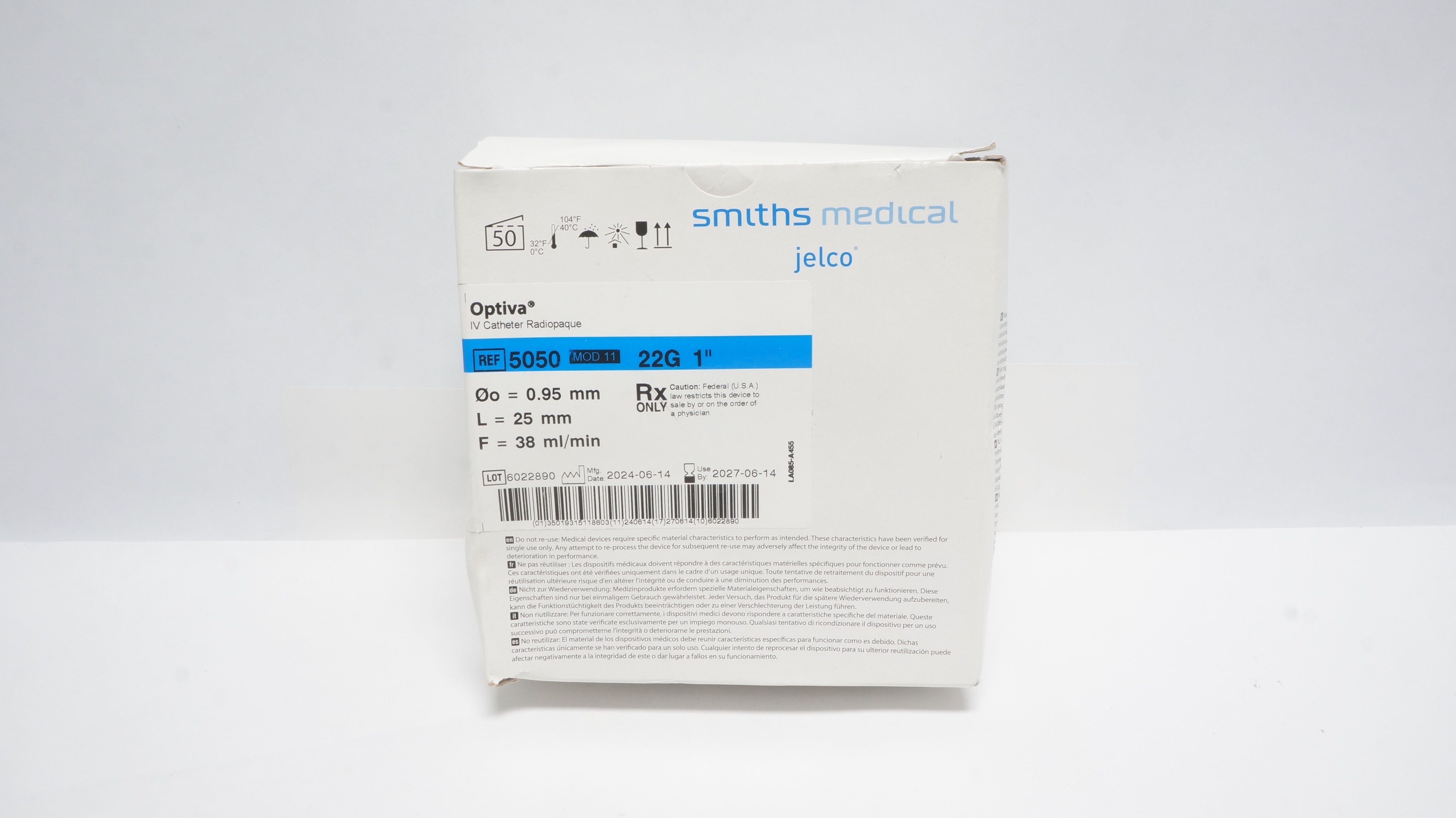 Smiths Medical 5050 Jelco Optiva IV Cath. Radiopaque 22G x 1in - Box of 50