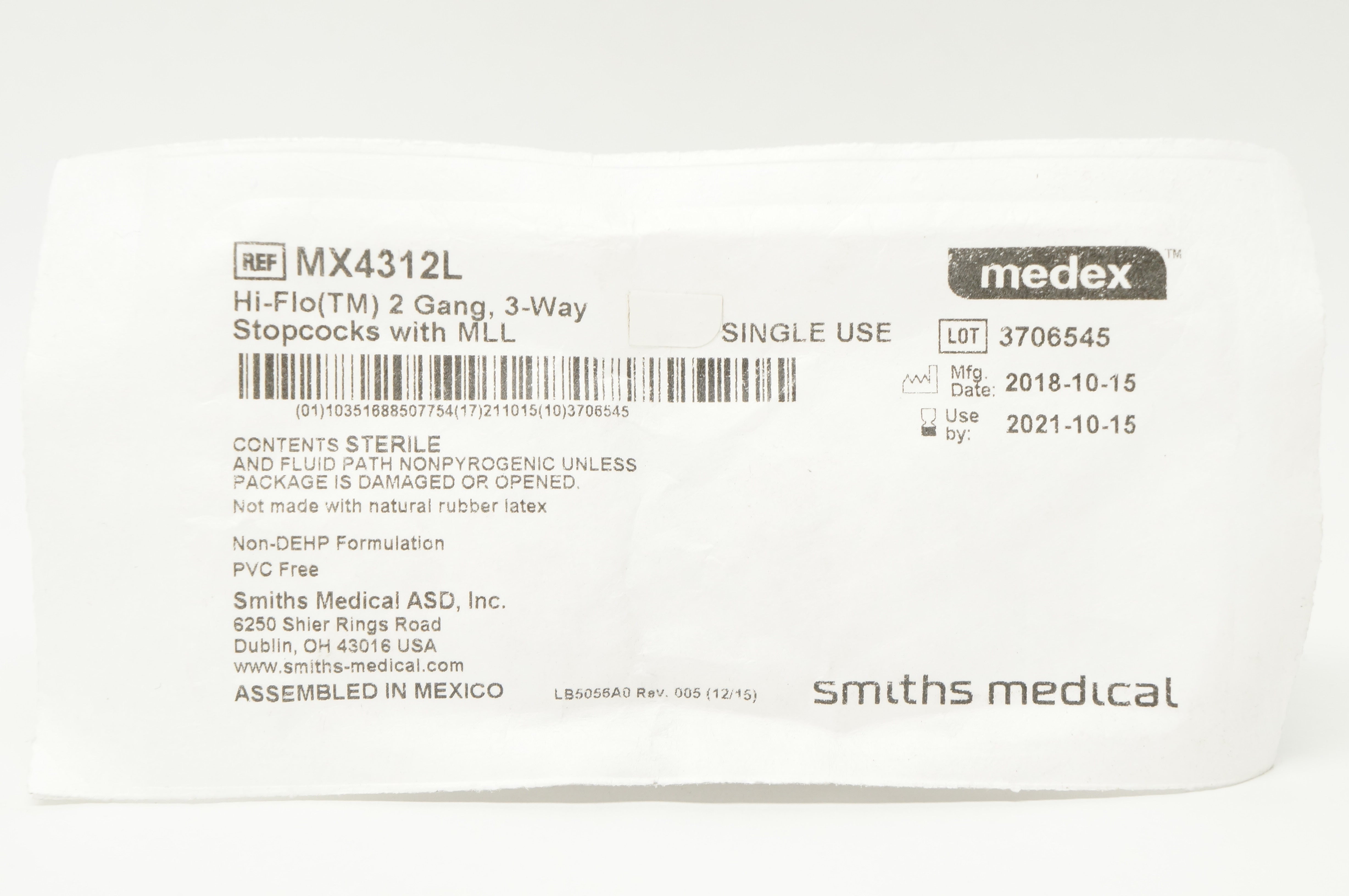 Smiths Medical MX4312L Medex Hi-Flo 2 Gang, 3-Way Stopcocks with MLL (x)