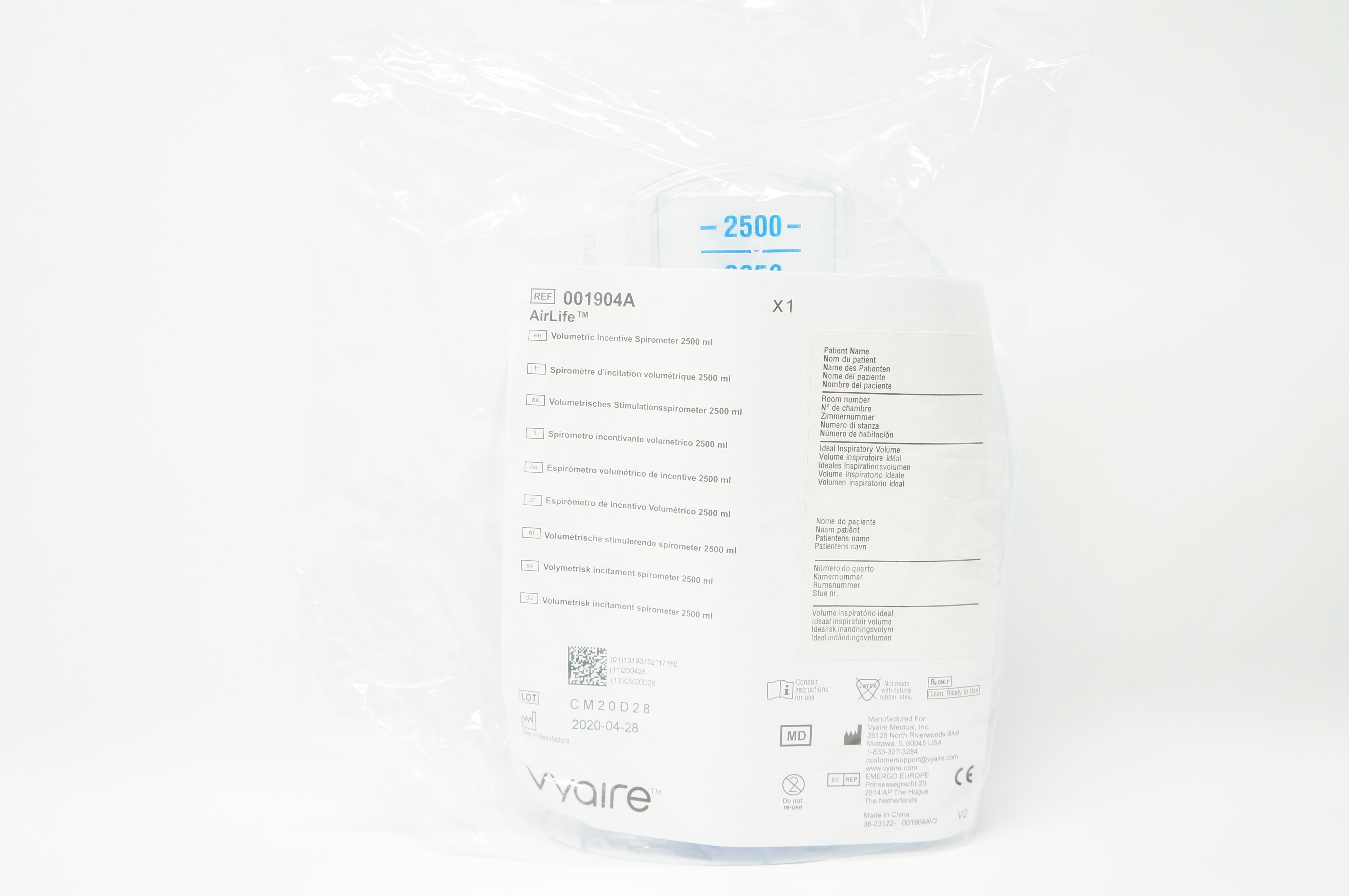 Vyaire 001904A AirLife Volumetric Incentive Spirometer 2500ml