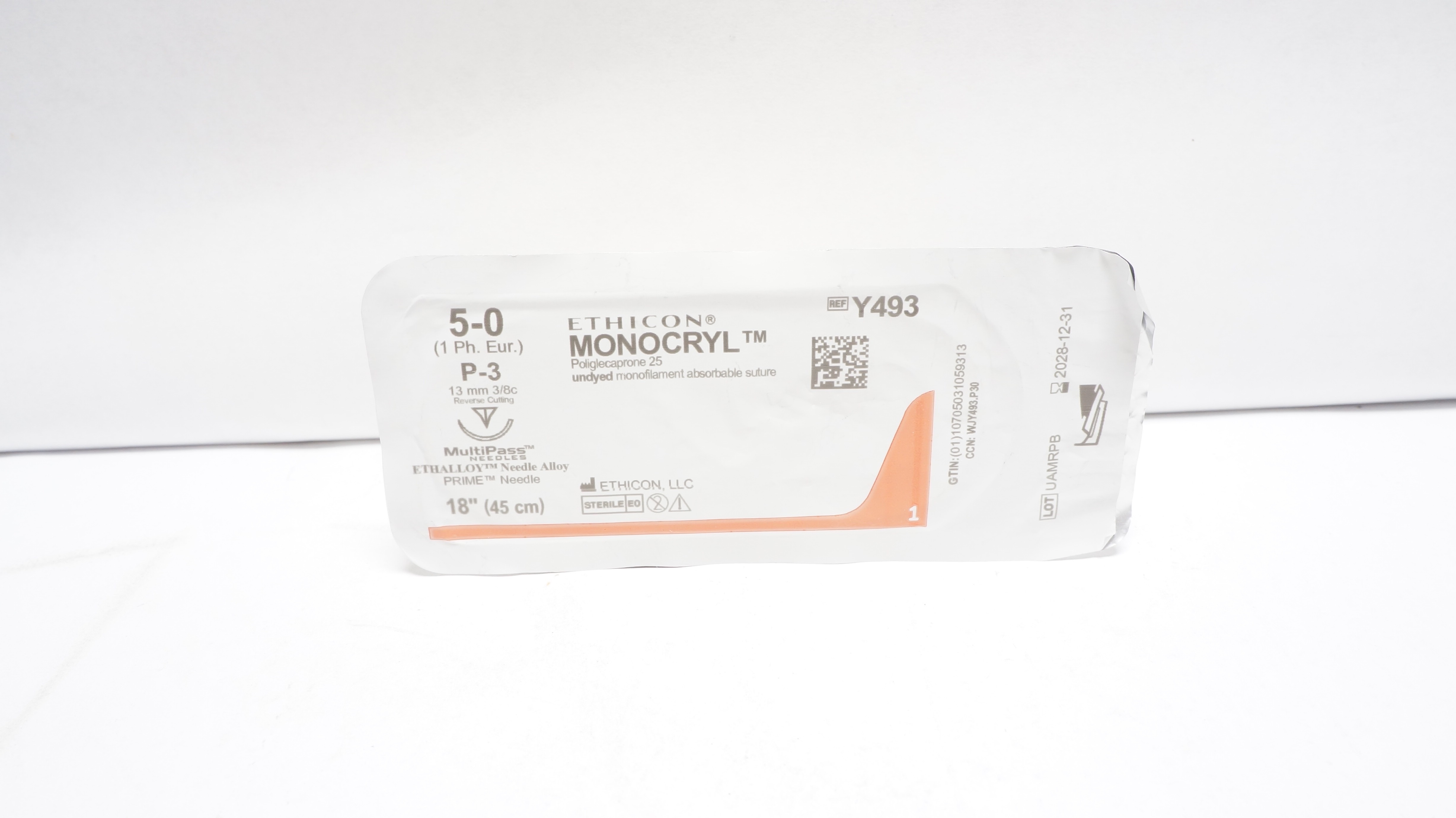 Ethicon Y493 5-0 MONOCRYL Absorbable Stre P-3 13mm 3/8c Reverse Cutting 18inch