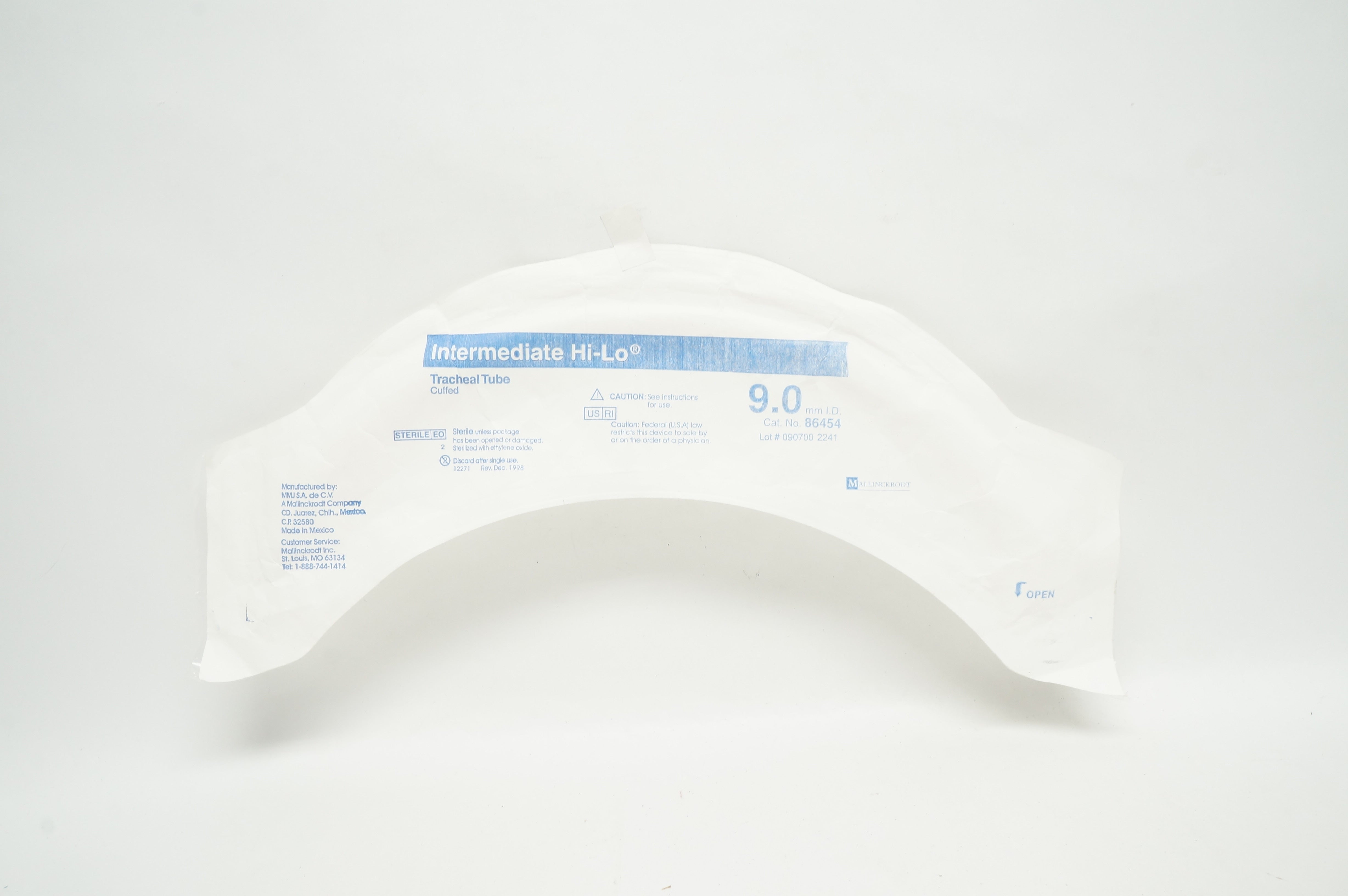 Mallinckrodt 86454 Intermediate Hi-Lo Tracheal Tube Cuffed 9.0mm I.D.