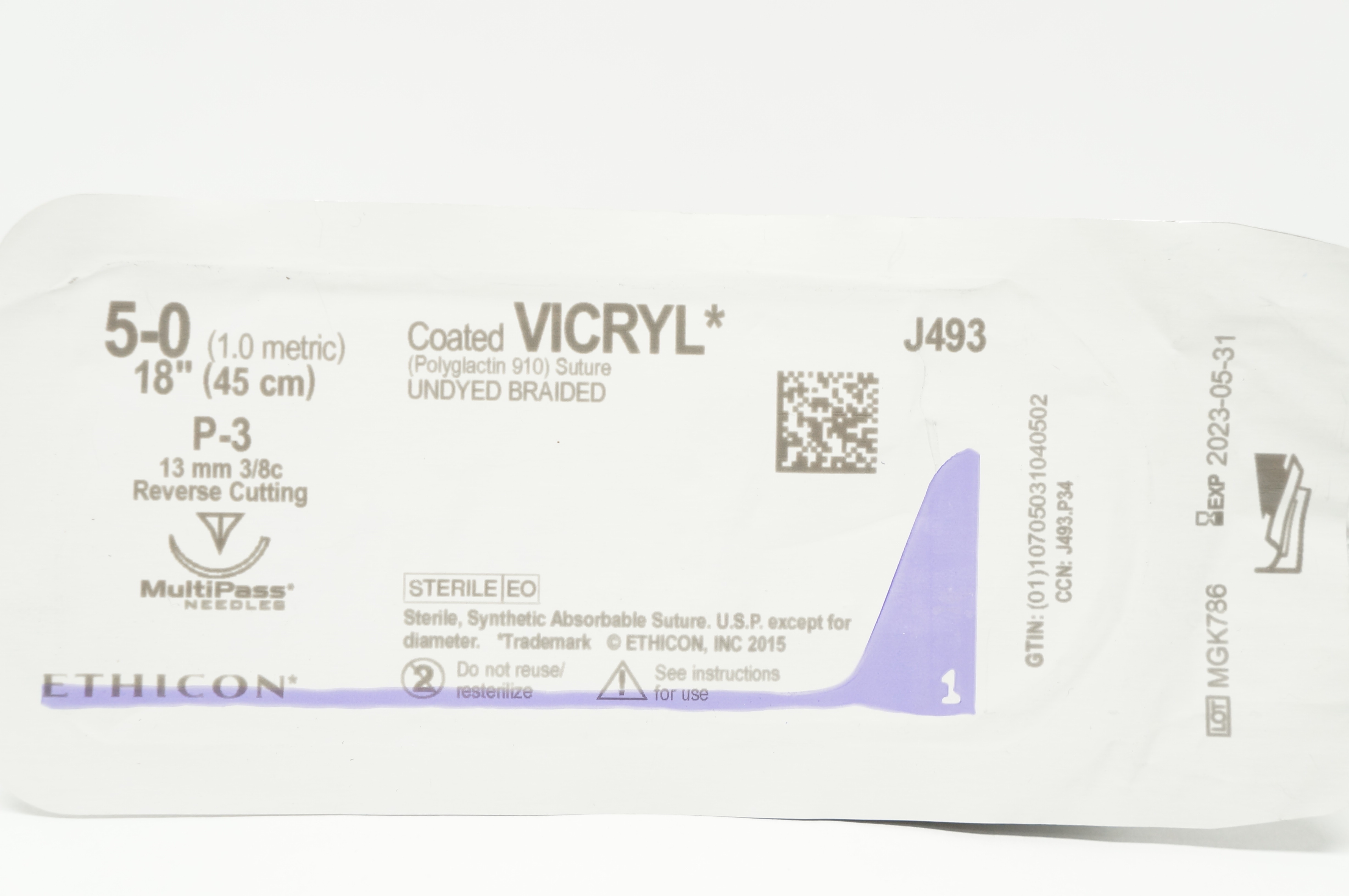 Ethicon J493 5-0 Coated VICRYL Stre P-3 13mm 3/8c Reverse Cutting, 18inch