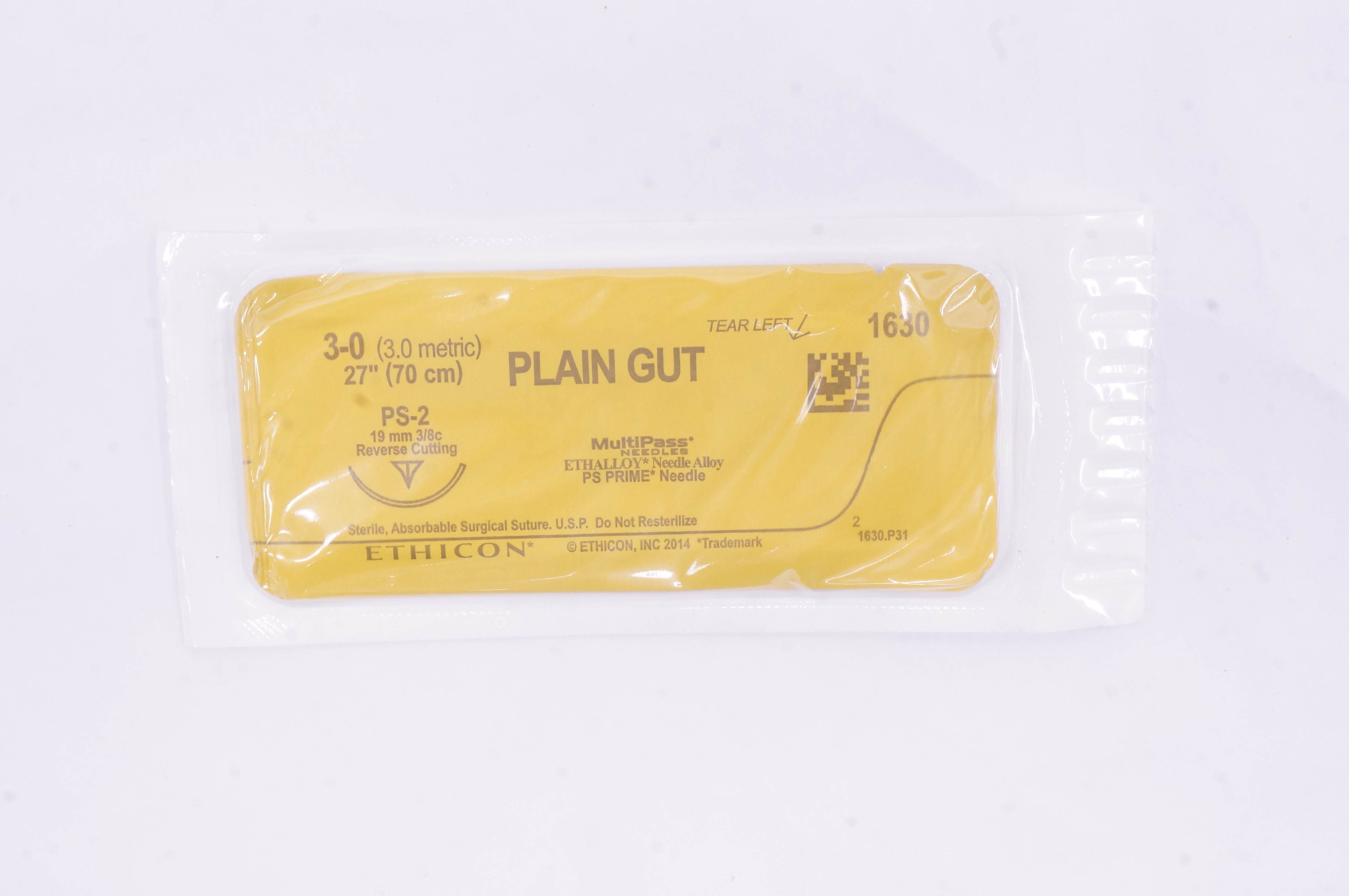 Ethicon 1630 3-0 Plain Gut PS-2 19mm 3/8c Reverse Cutting, 27inch