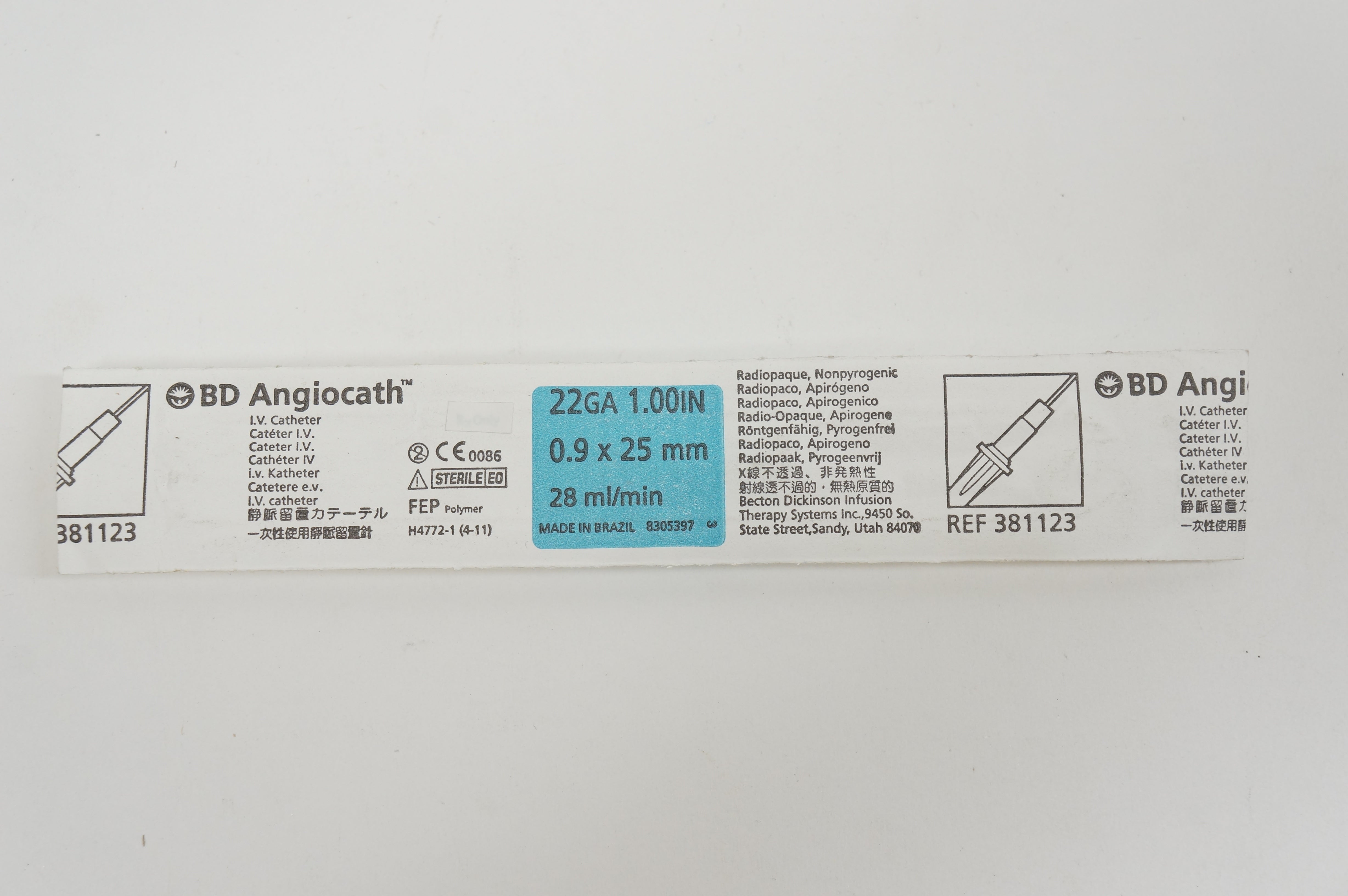 BD 381123 Angiocath I.V. Cath. 22Ga x 1inch, 28ml/min (x)