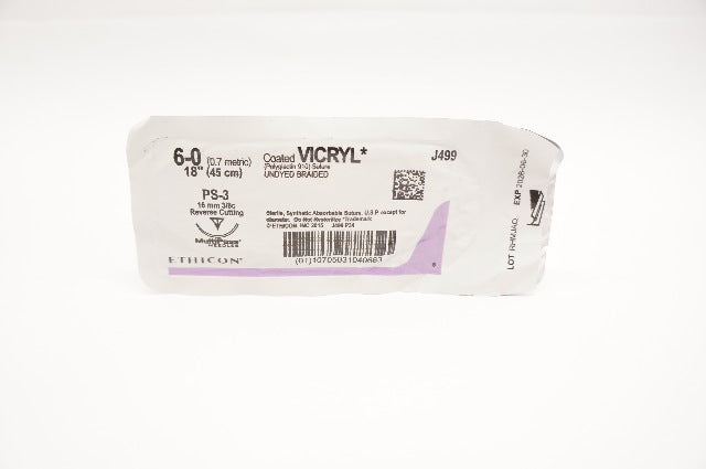 Ethicon J499 6-0 Coated Vicryl Undyed Braided PS-3 16mm 3/8c Reverse Cutting18in