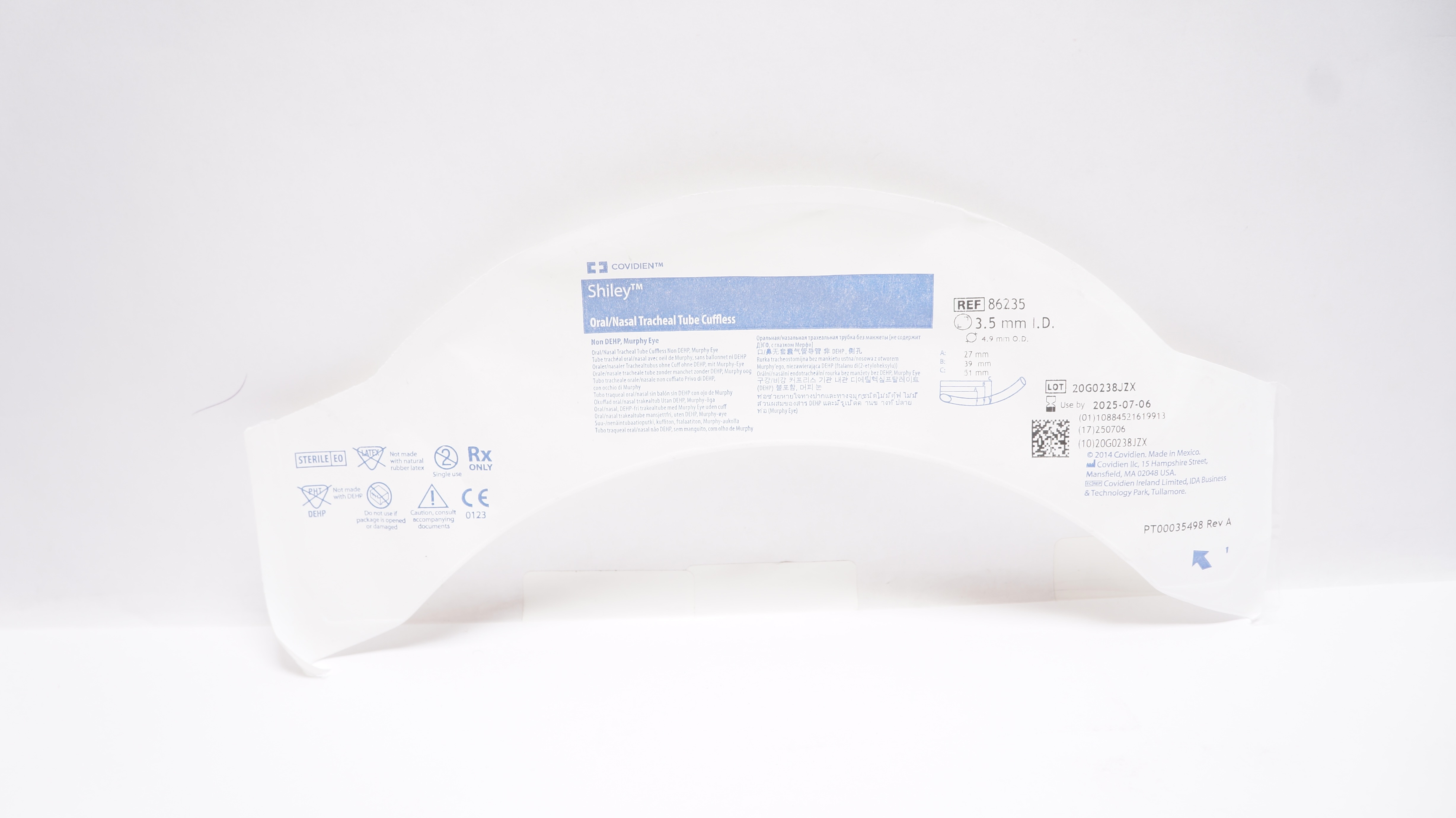 Covidien 86235 Shiley Oral/Nasal Tracheal Tube Cuffless 3.5mm ID x 4.9mm OD