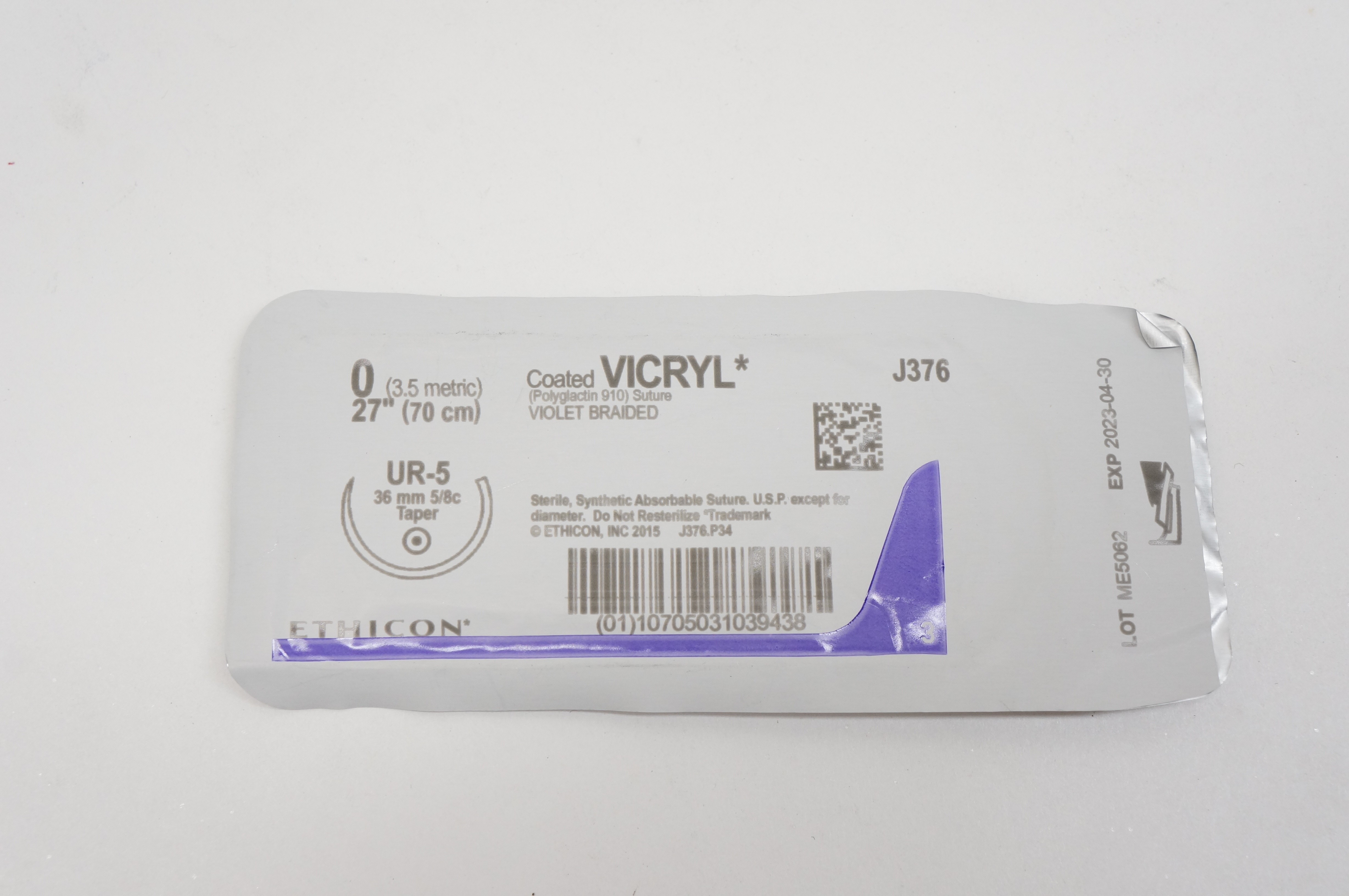 Ethicon J376 0 VICRYL, UR-5, 36mm 5/8c Taper, 27inch