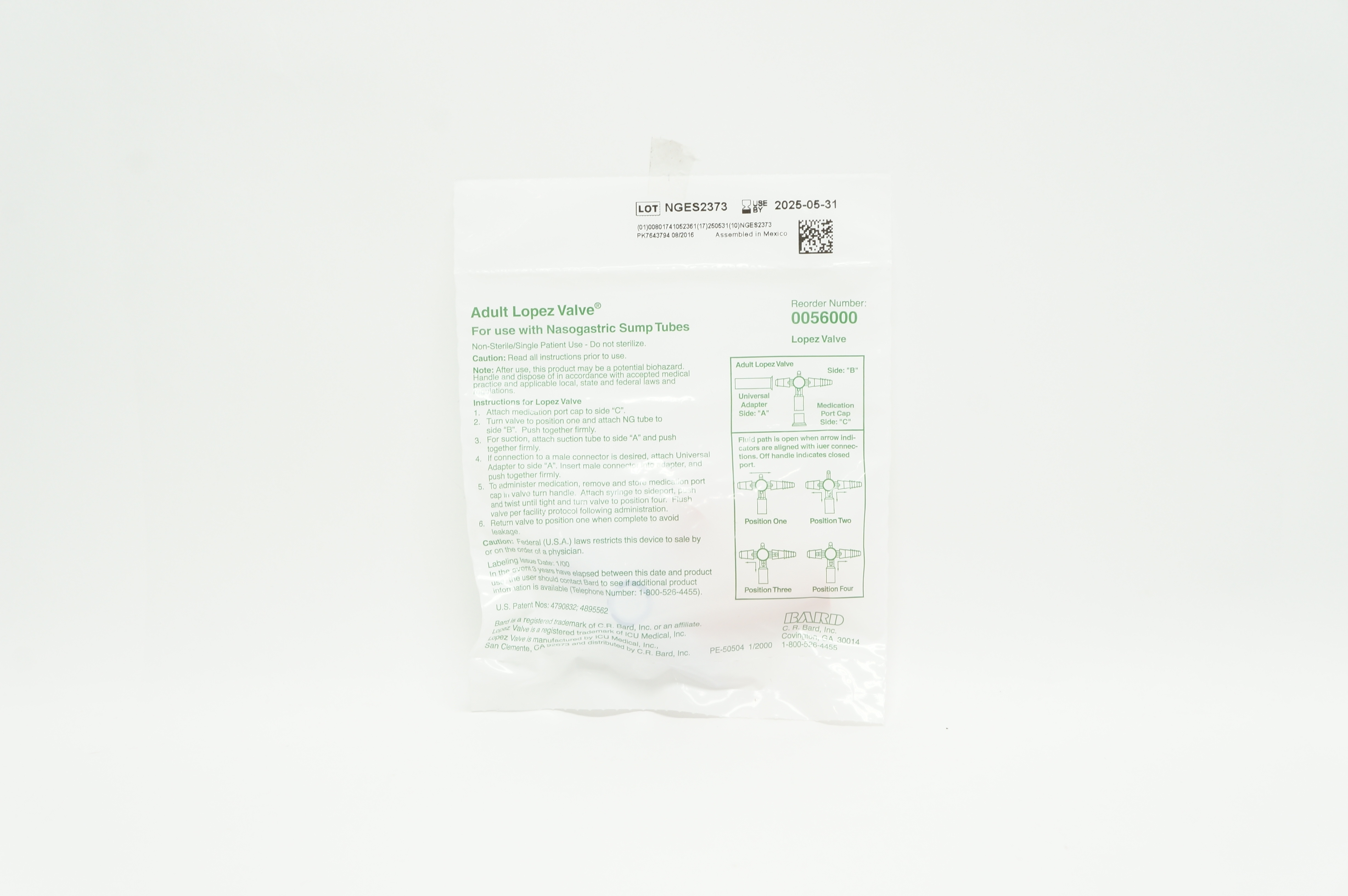 Bard 0056000 Adult Lopez Valve with Nasogastric Sump Tubes
