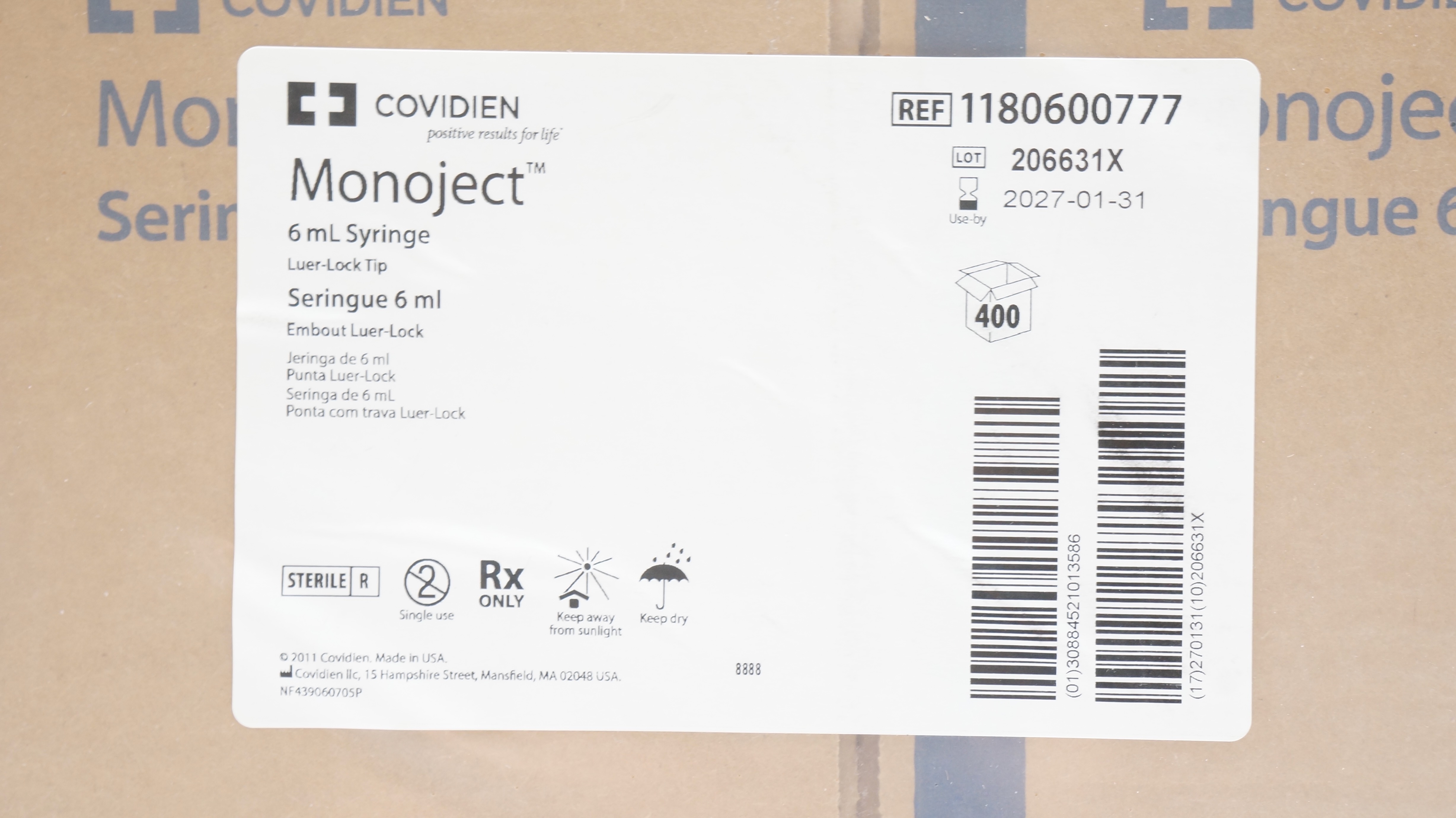 Covidien 1180600777 Monoject 6ml Syringe Luer-Lock Tip - Case of 400