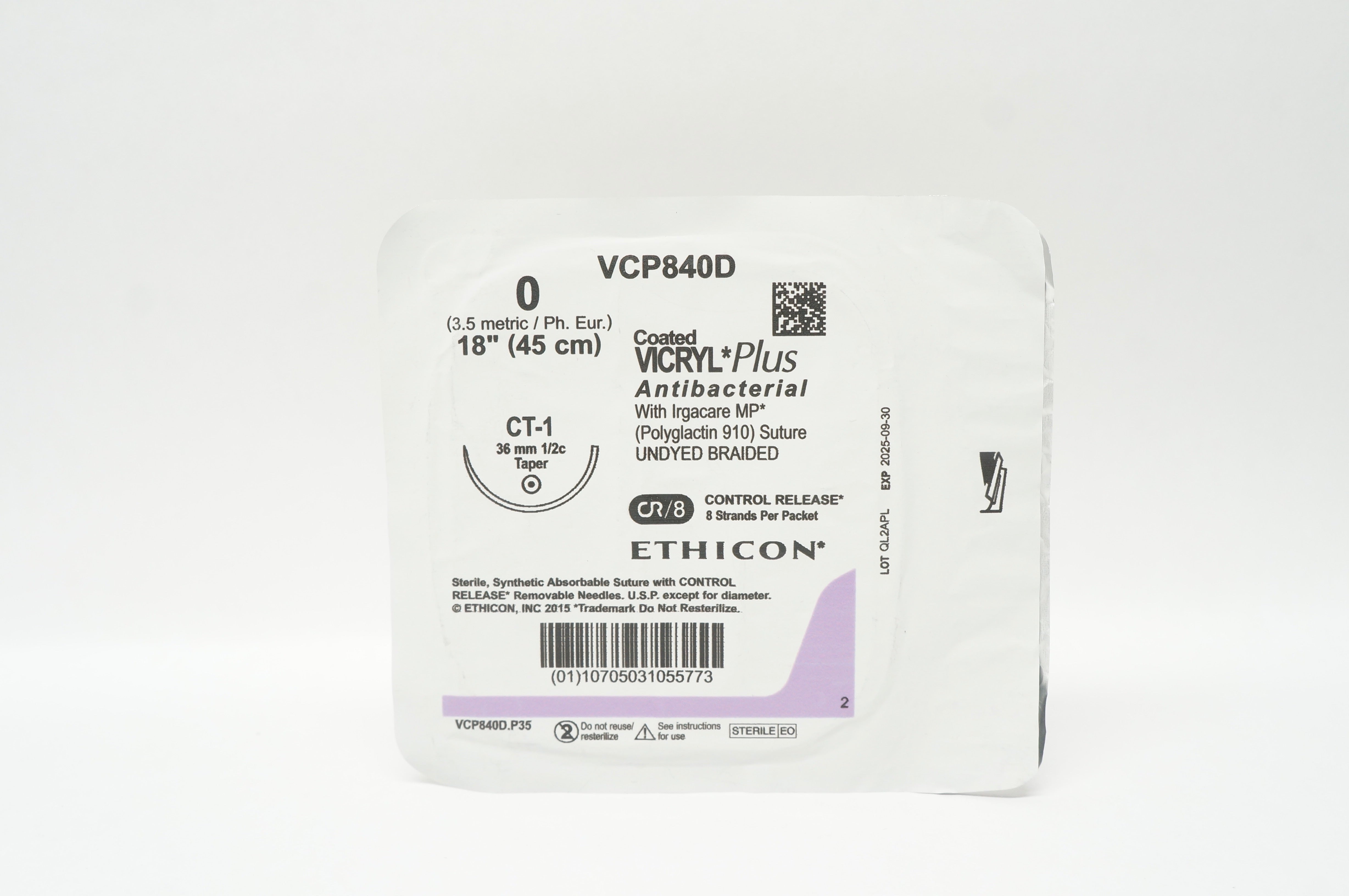 Ethicon VCP840D 0 Coated Vicryl Plus Stre CT-1 36mm 1/2c Taper, 18inch