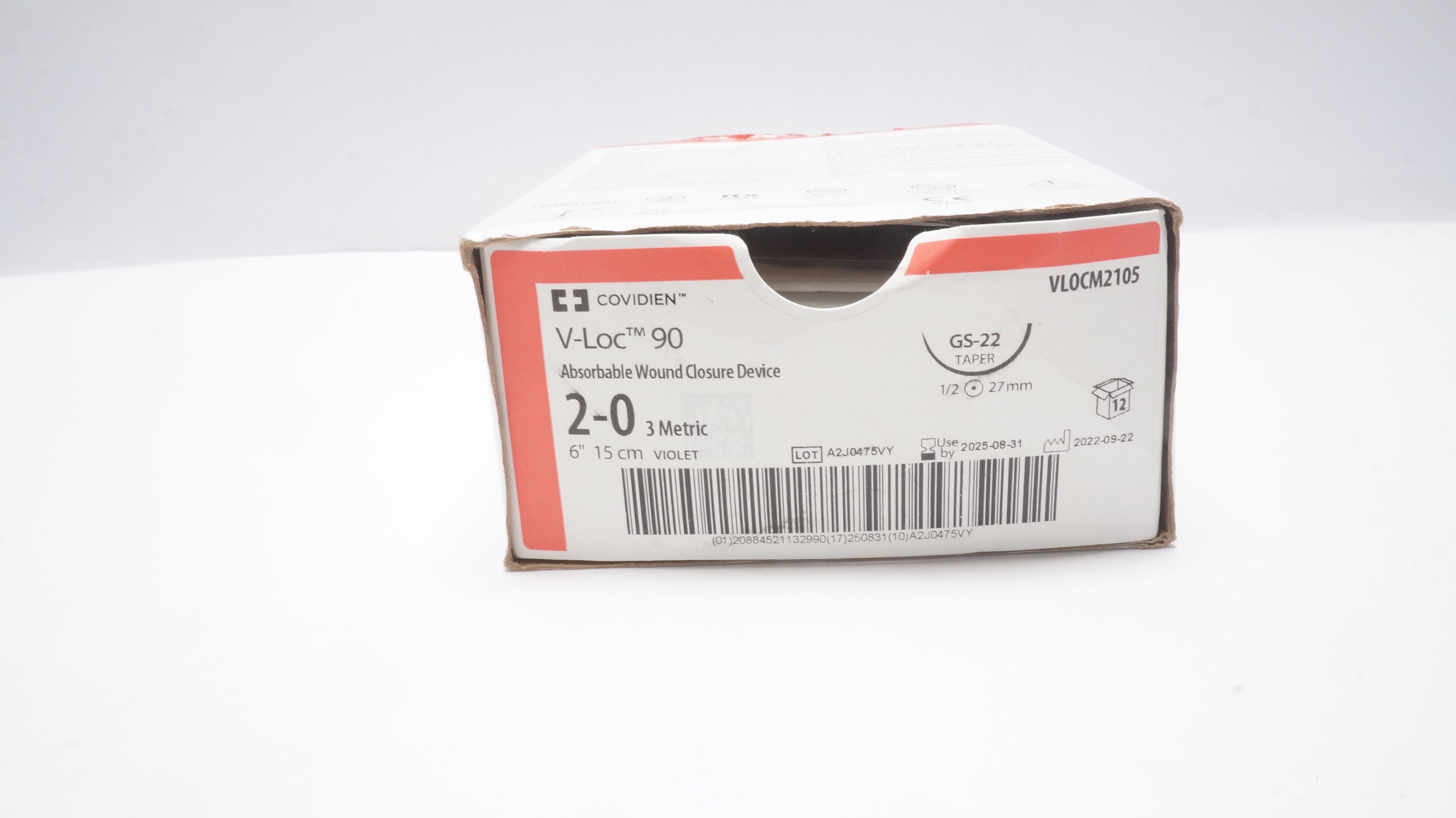 Covidien VLOCM2105 2-0 Wound Closure Device GS-22 1/2 27mm 6inch - Box of 12