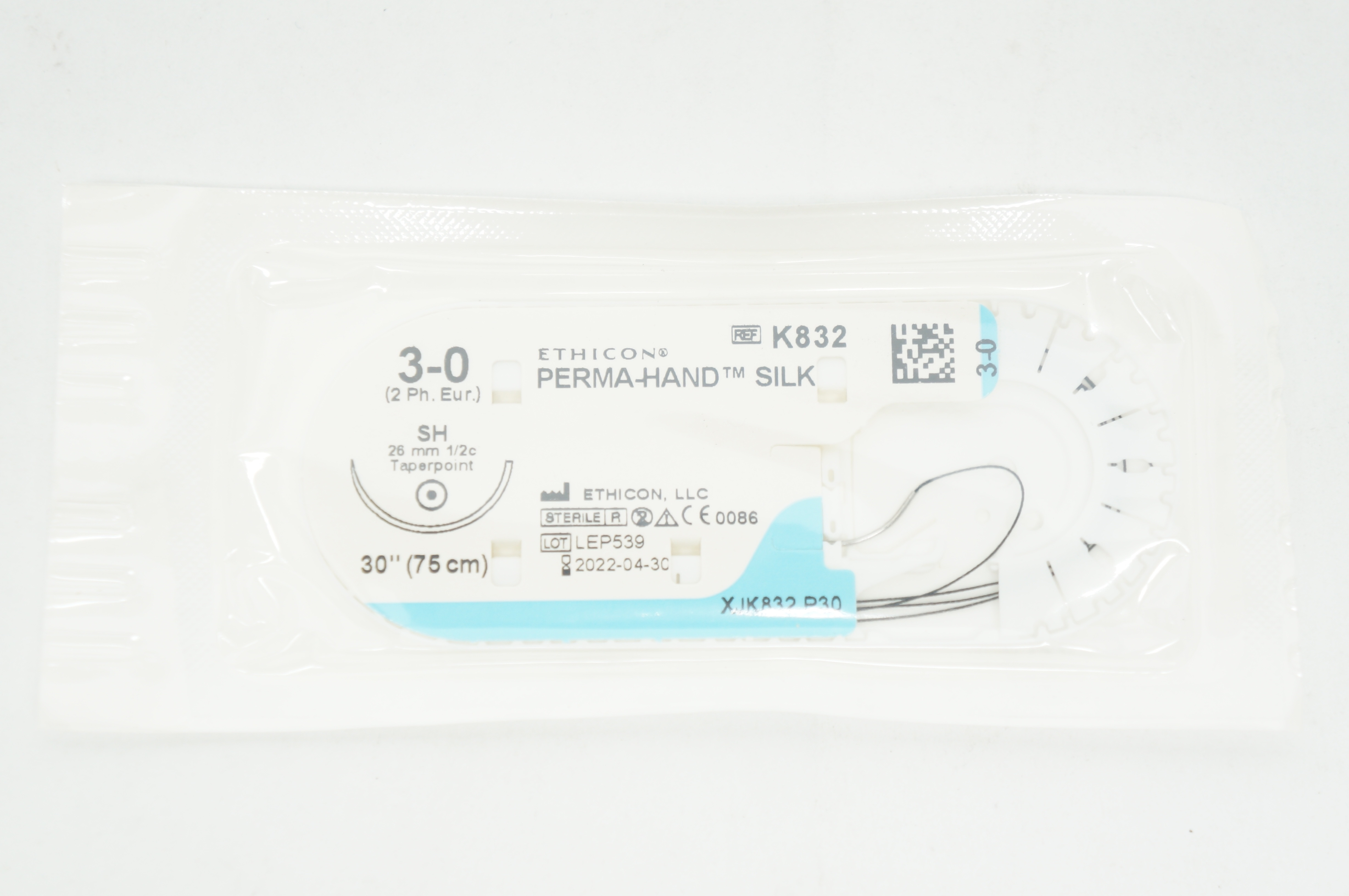 Ethicon K832 3-0 PERMA-HAND SILK Stre SH 26mm 1/2c Taperpoint, 30inch