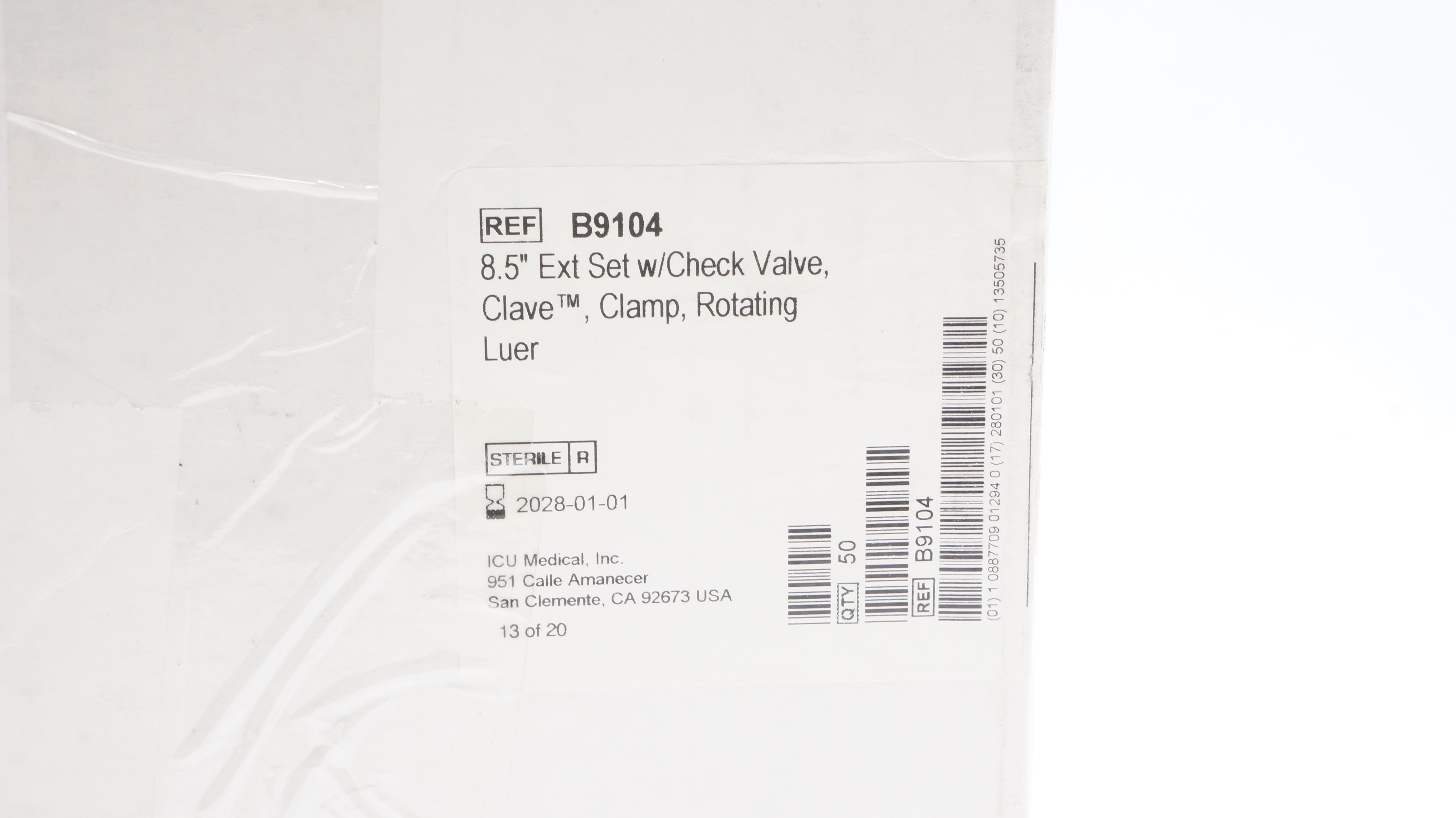 ICU Medical B9104 8.5inch Extension Set w/Valve, Clamp, Rotating Luer-Box of 50