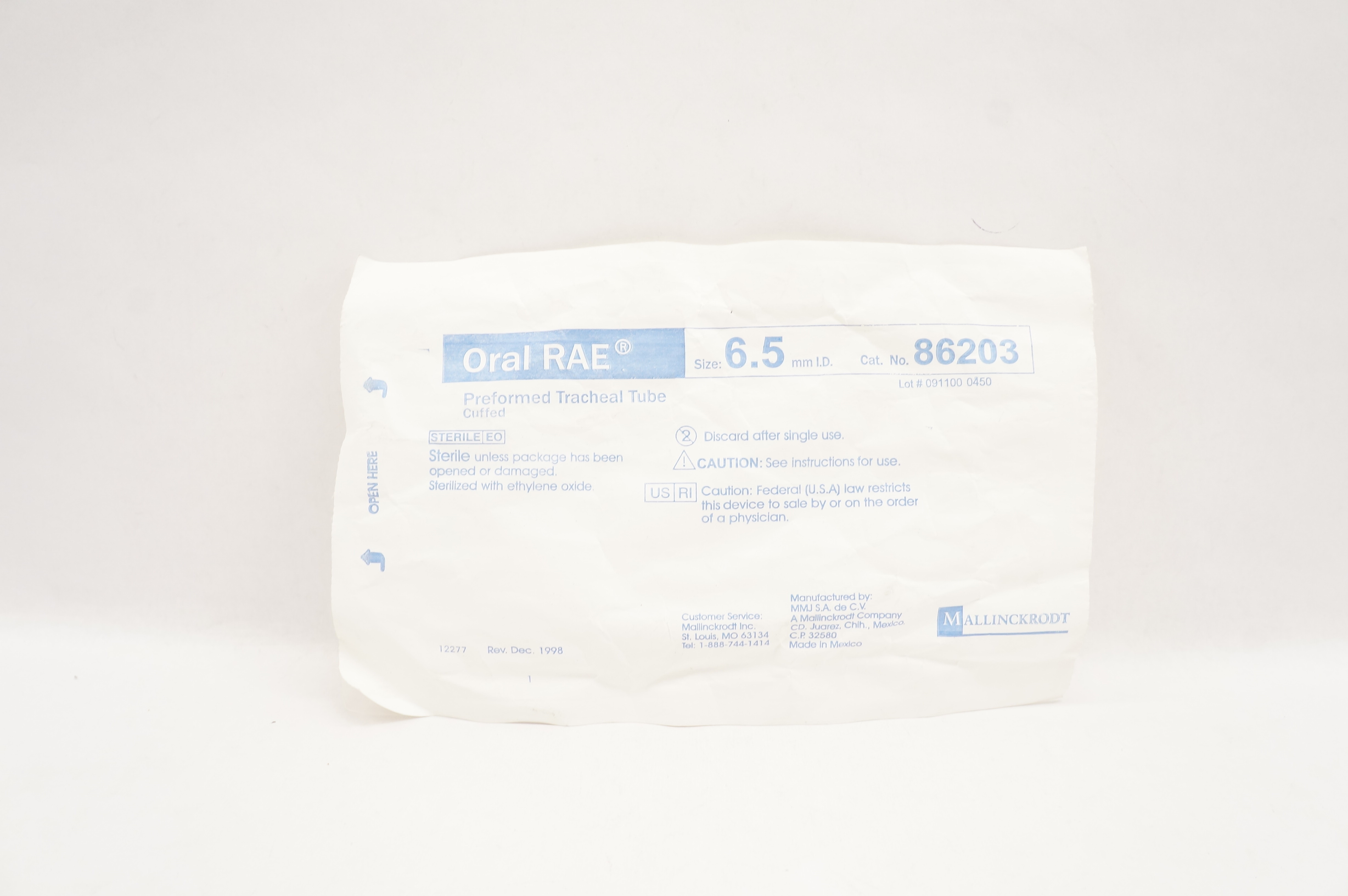 Mallinckrodt 86203 Oral RAE Preformed Tracheal Tube, Cuffed 6.5mm ID