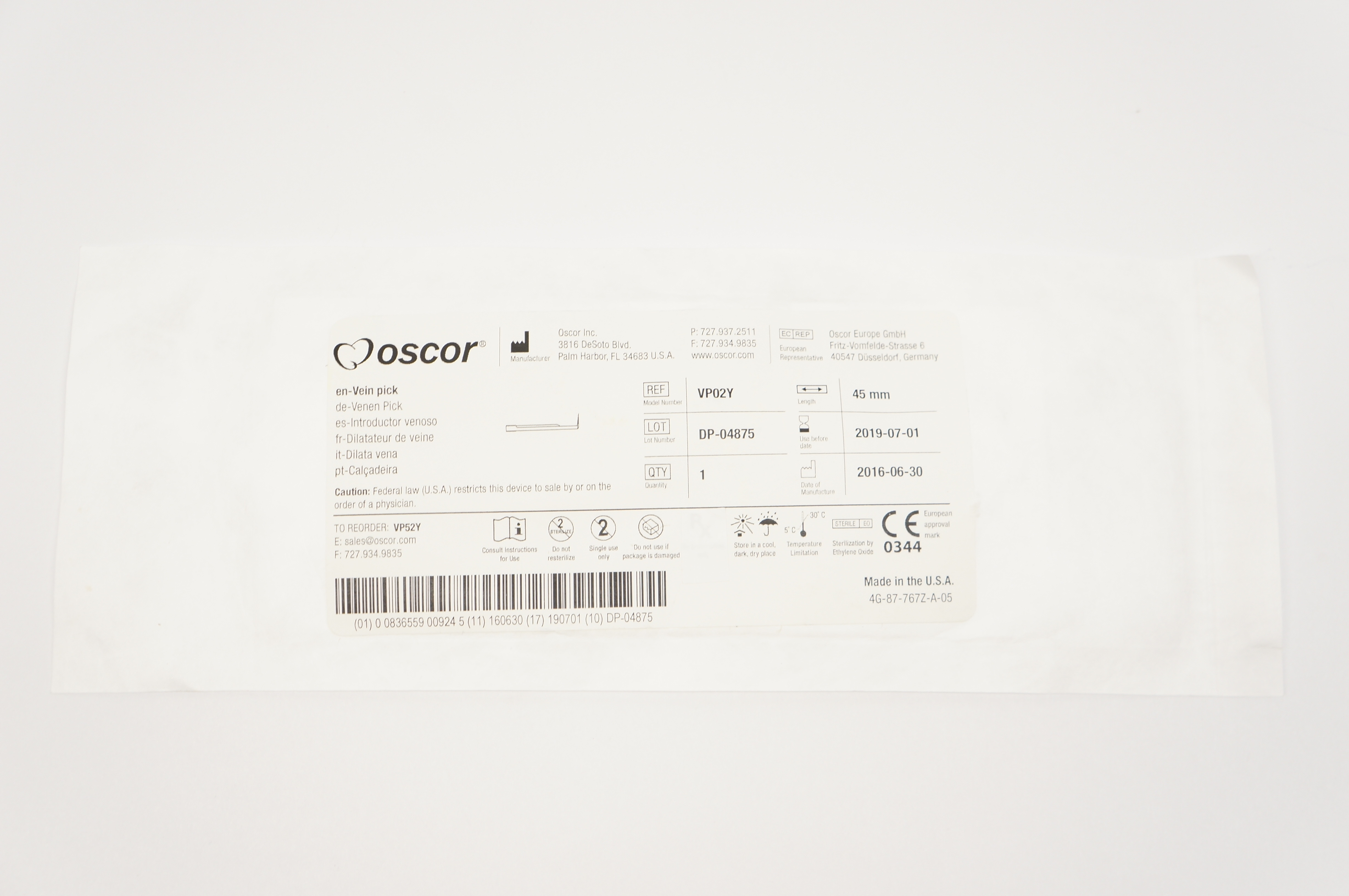 Oscor VP02Y Vein Pick 45mm (x)