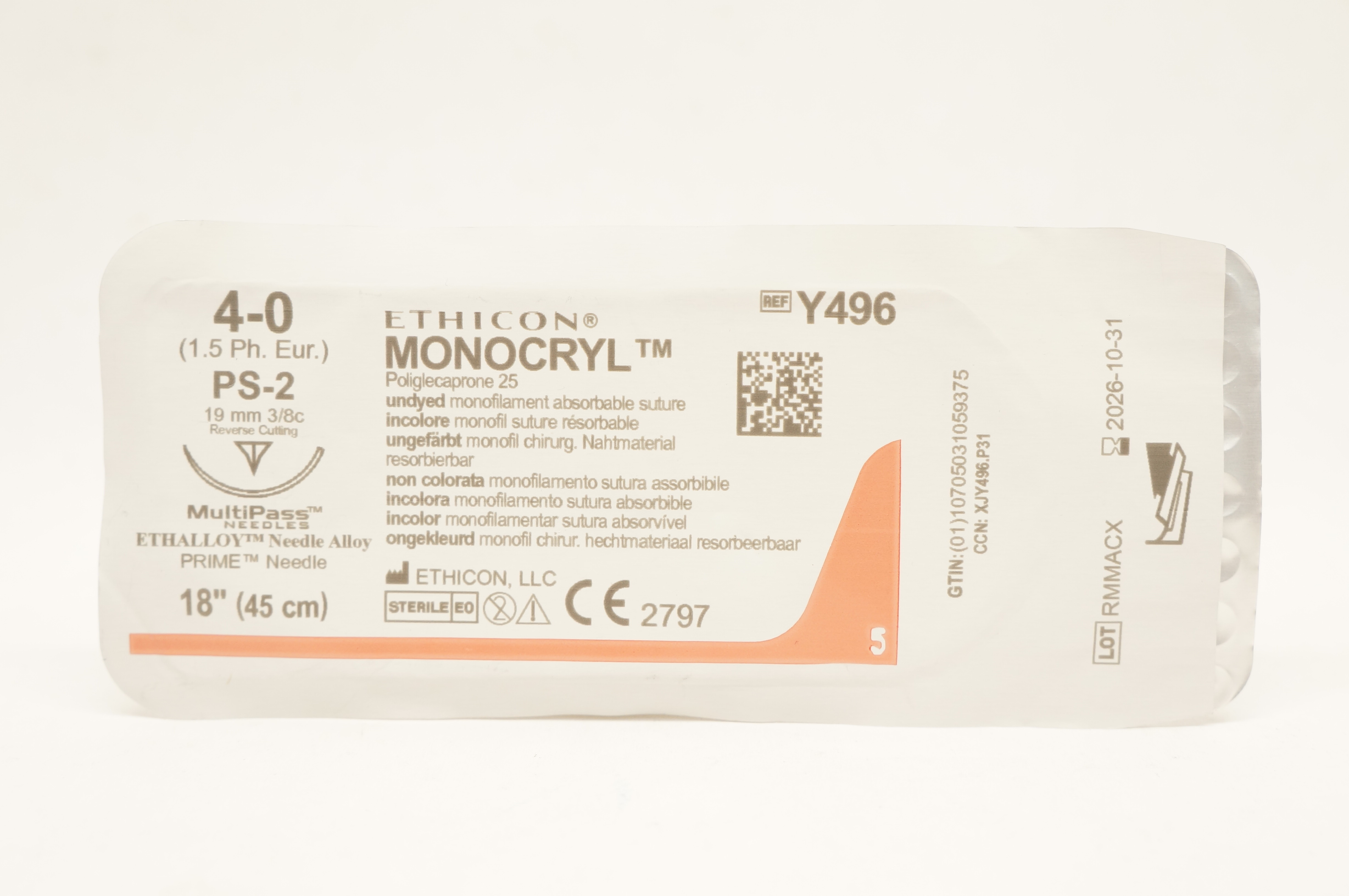 Ethicon Y496 4-0 Monocryl Undyed Stre PS-2 19mm 3/8c Reverse Cutting 18 inch