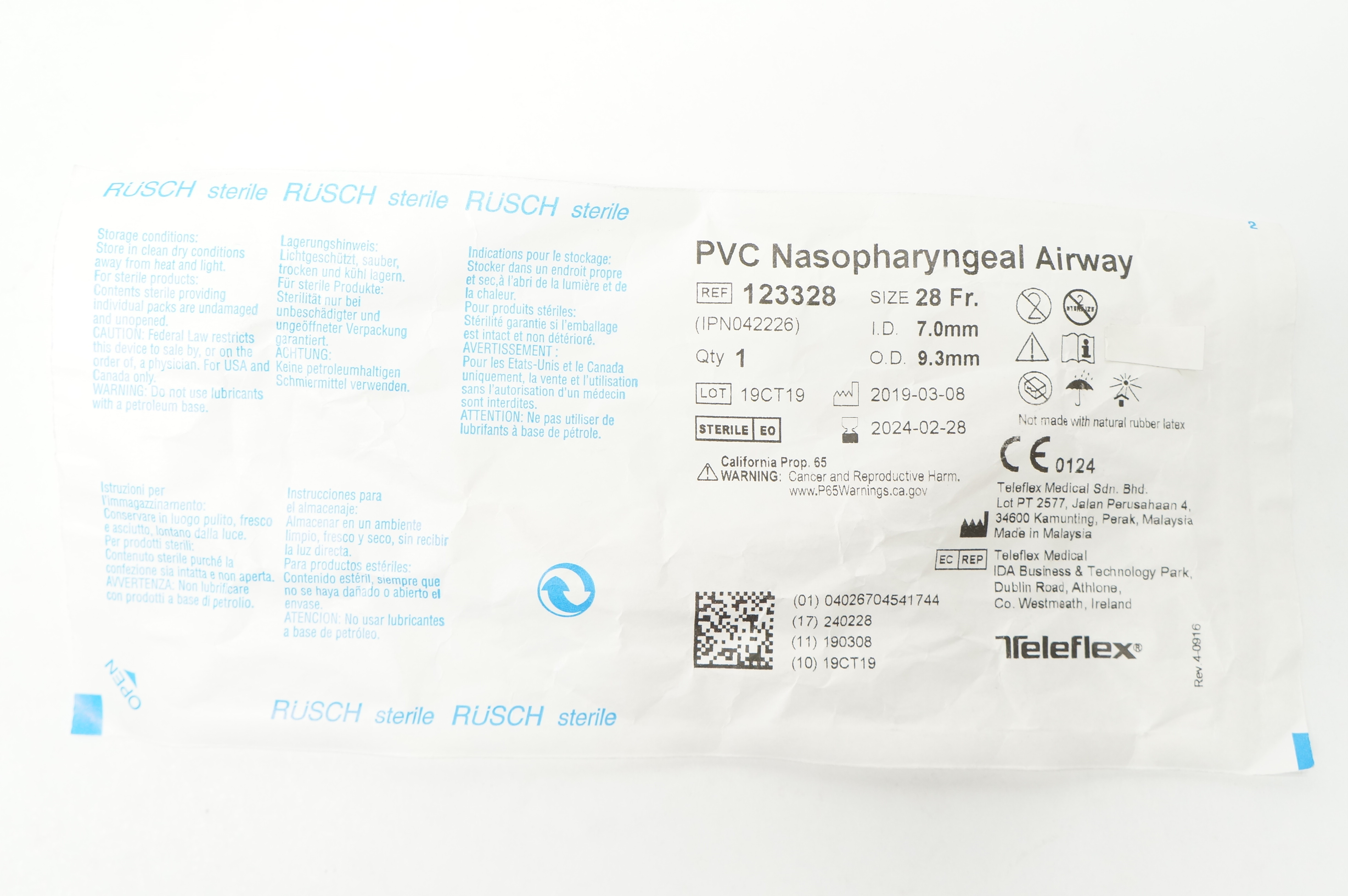 Teleflex 123328 RUSCH PVC Nasopharyngeal Airway 28Fr. x 7.0mm ID x 9.3mm OD