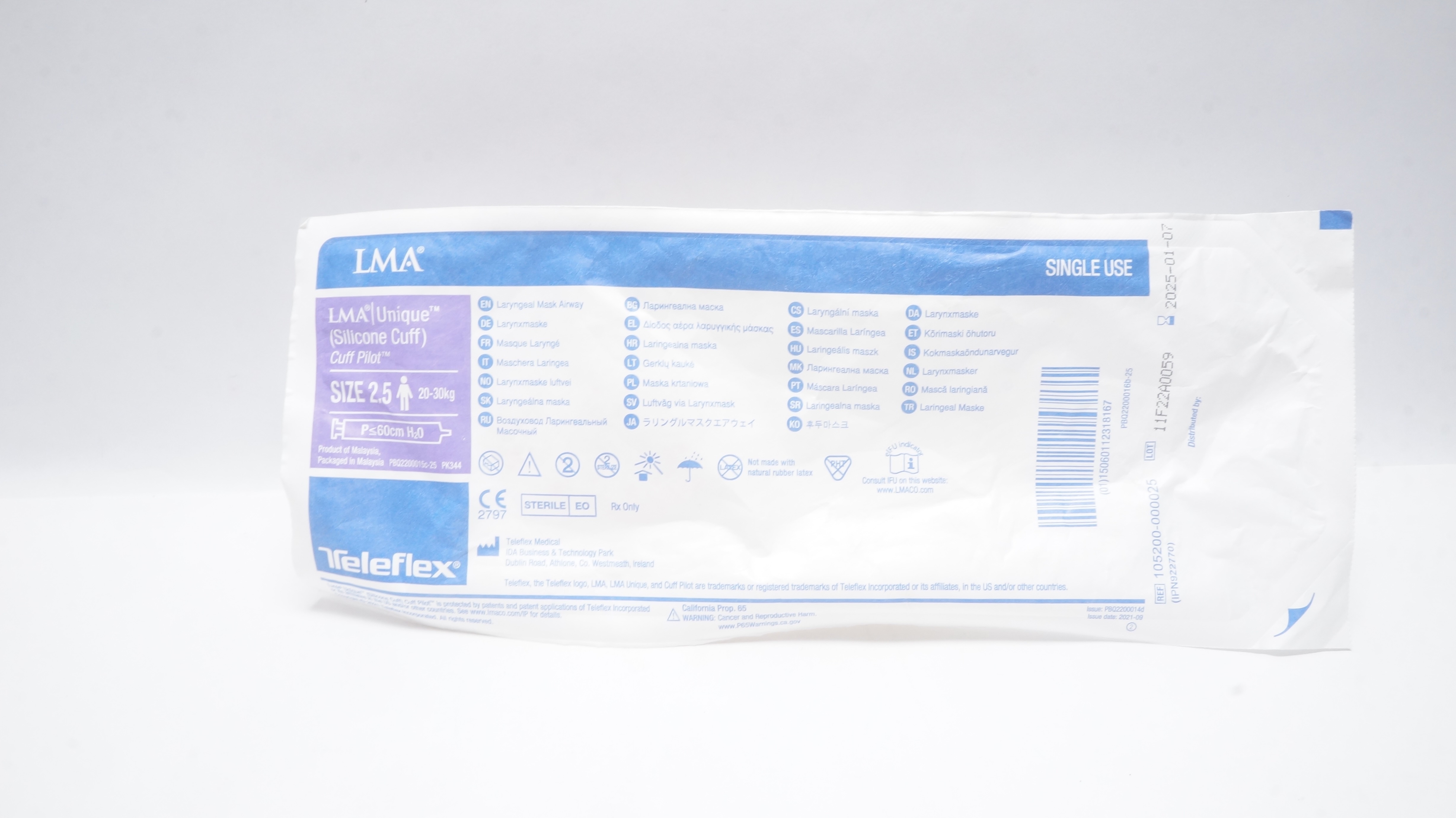 Teleflex 105200-000025 LMA Unique Laryngeal Mask Airway Size 2.5, 20-30kg (x)