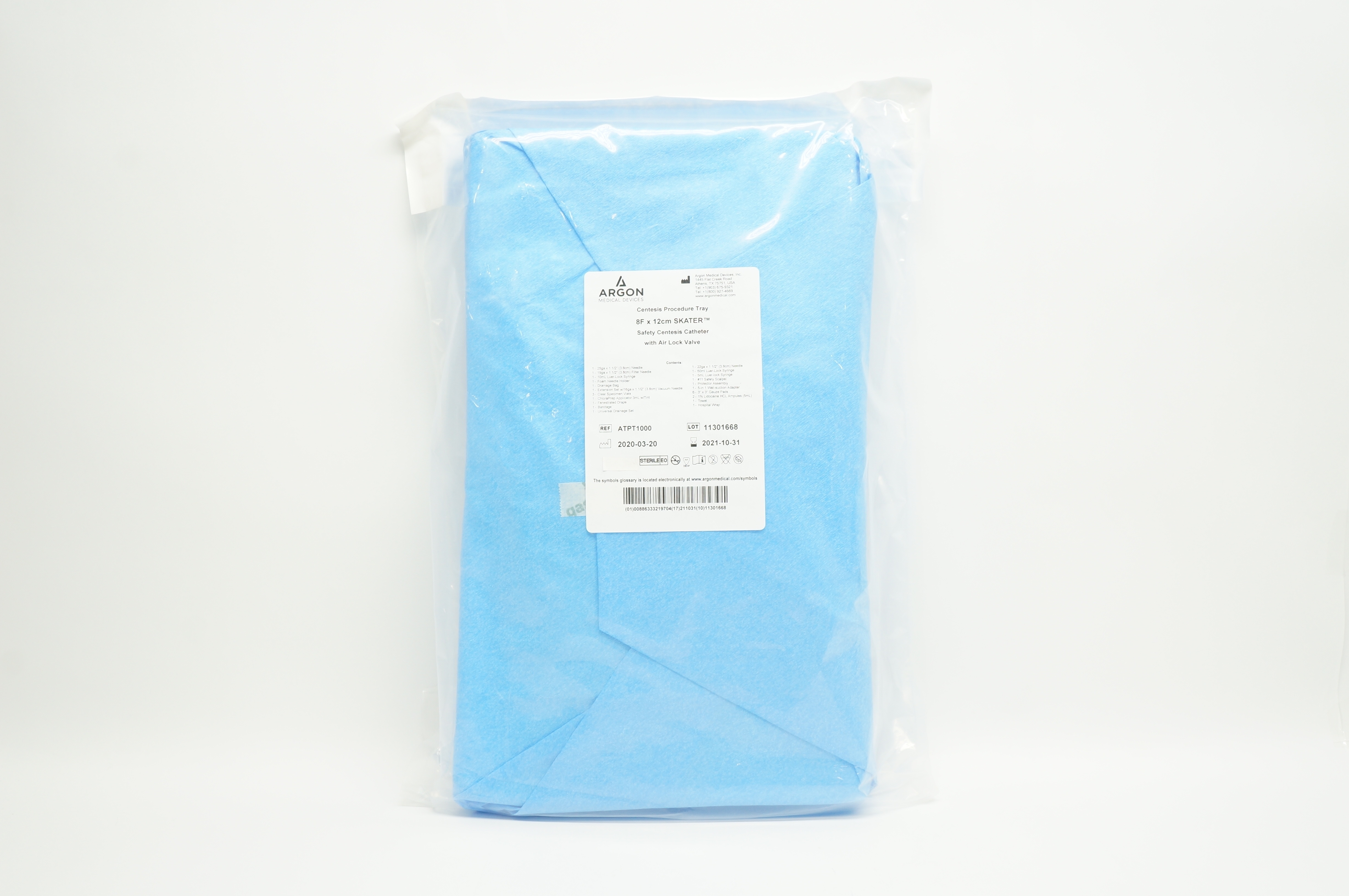 Argon ATPT1000 Centesis Procedure Tray 8F x12cm Skater Safety Centesis Cath. (x)