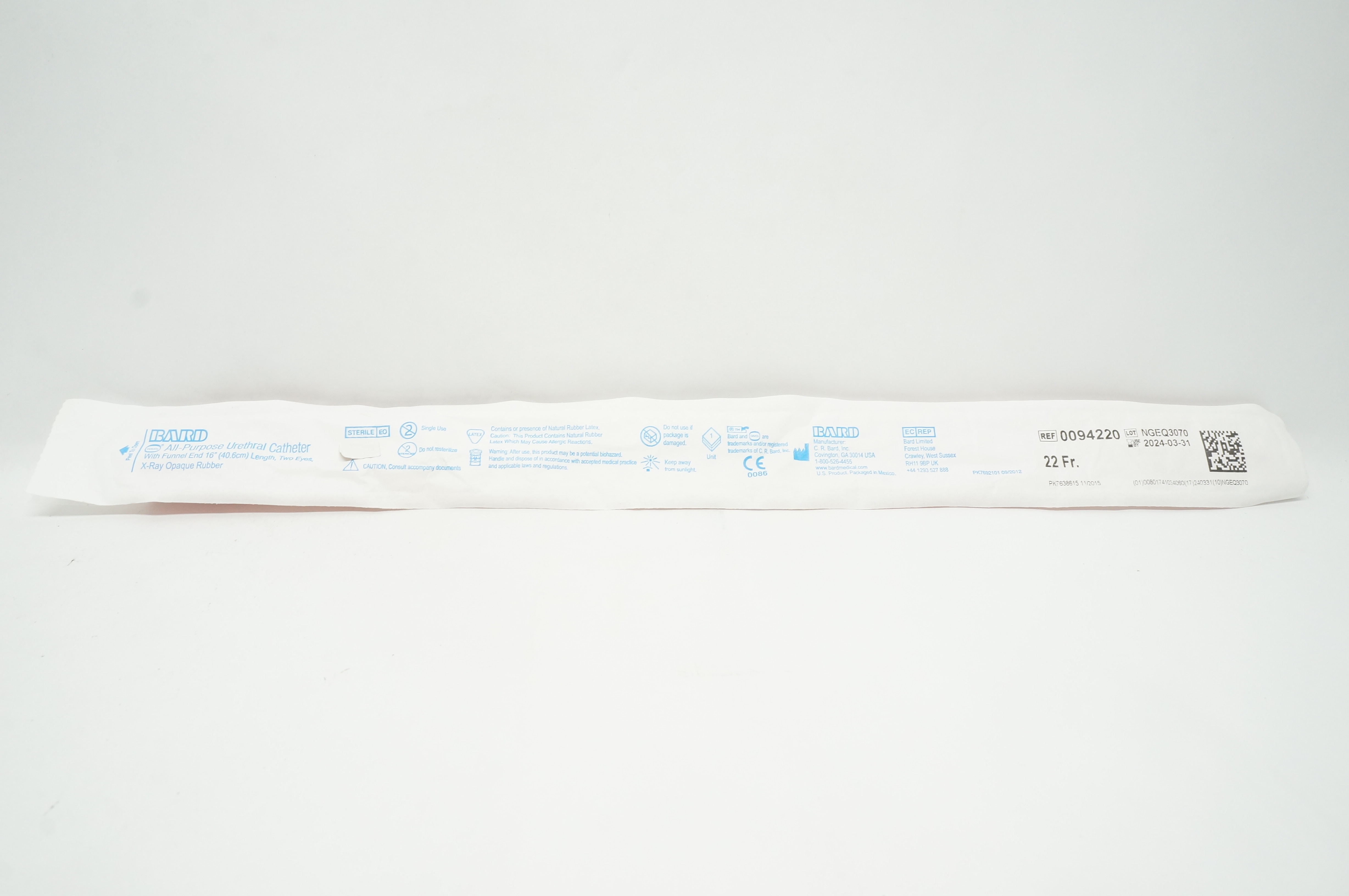 Bard 0094220 All-Purpose Urethral Cath. with Funnel End 16inch Length 22Fr.
